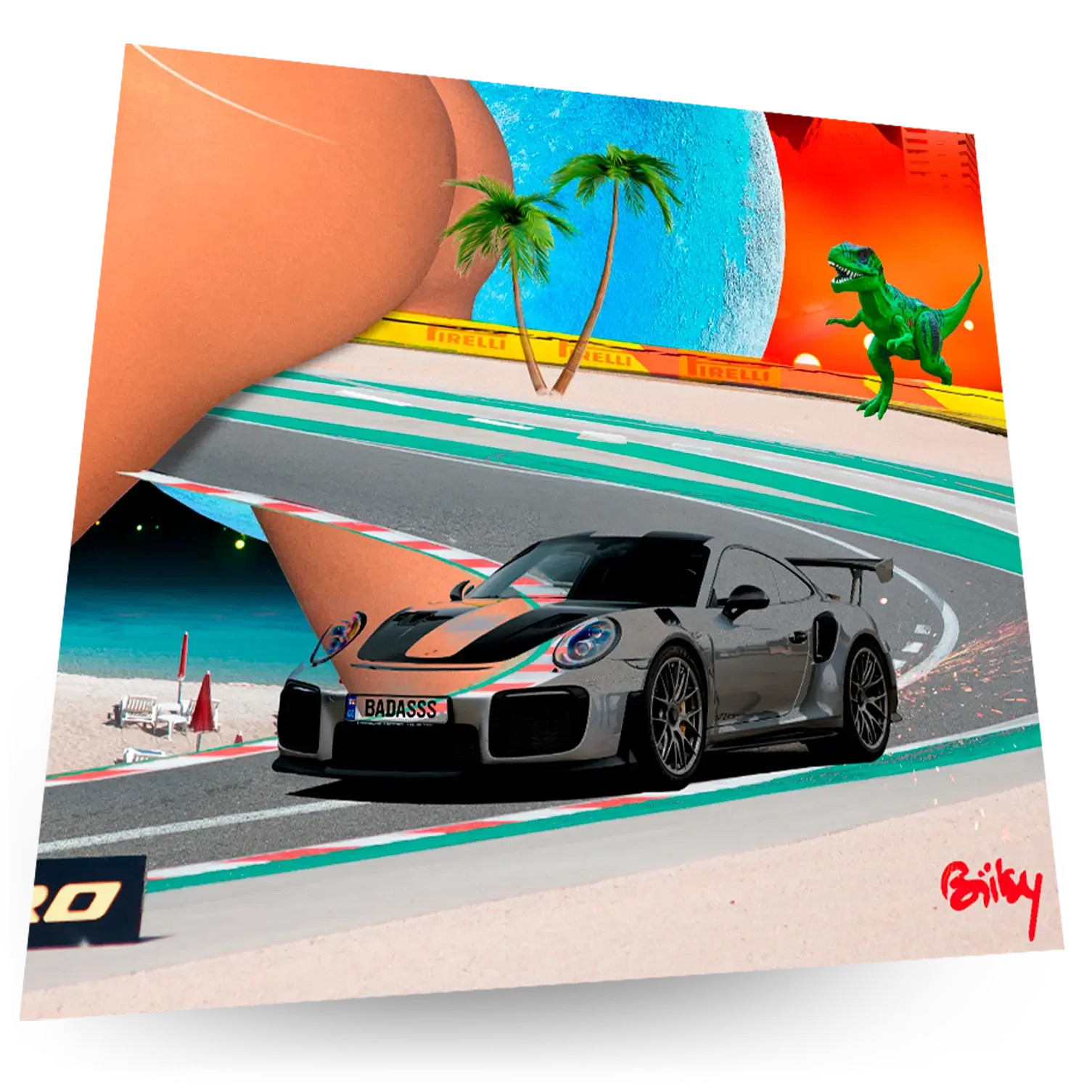 Une scène numérique avec une voiture de sport noire, un décor de plage, des palmiers, un dinosaure vert, un soleil couchant et des éléments de course comme des lignes de piste et une signalisation. Le style est coloré et fantastique.