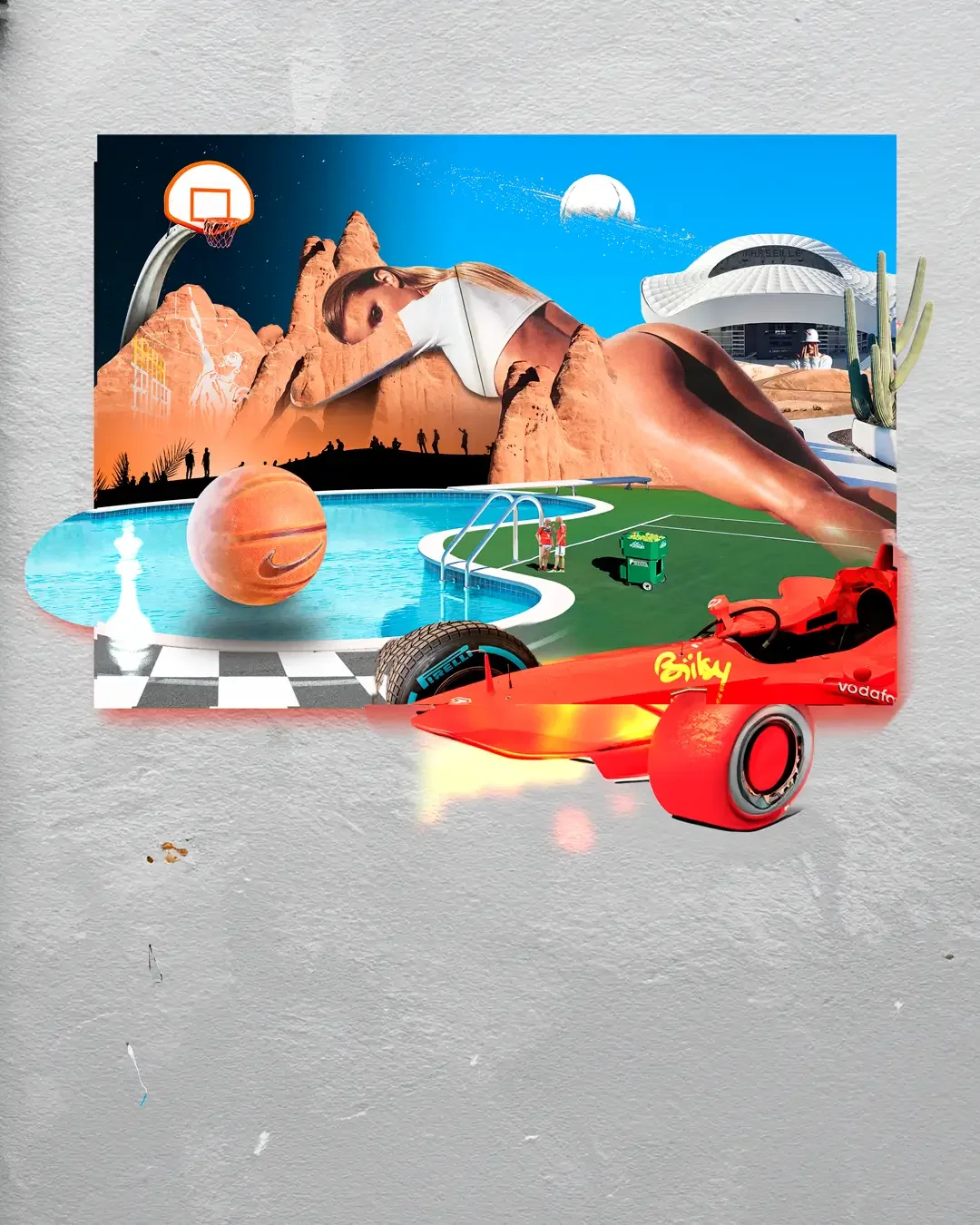 Collage de paysages et d'objets modernes, comprenant une piscine, une balle de basketball, un terrain de sport, une voiture de course, une montagne avec une femme, un bâtiment futuriste, un cactus, et un ciel avec des planètes.