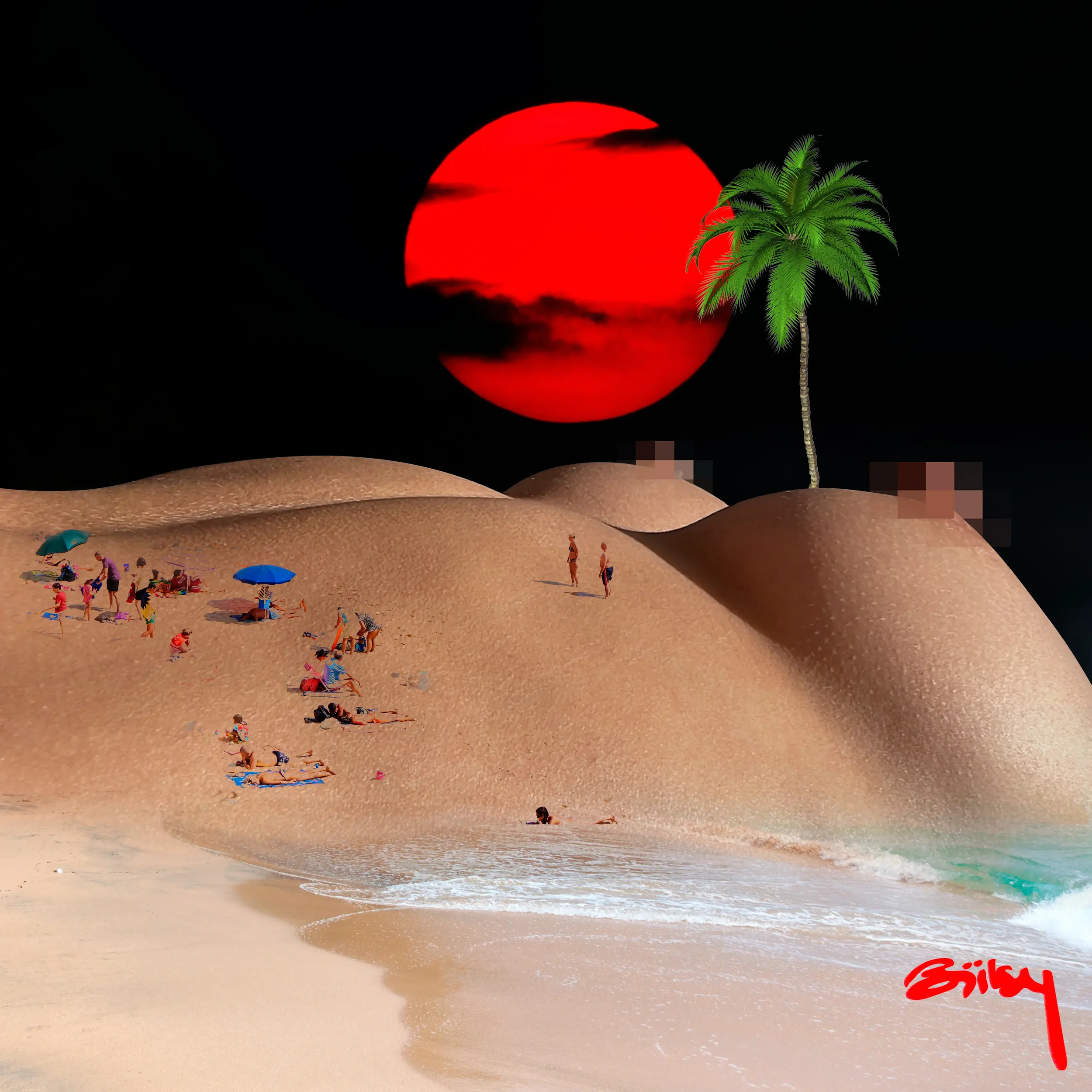 Une plage avec des dunes, des personnes se relaxant sous des parasols, une seule palme, un ciel noir avec un grand soleil rouge.