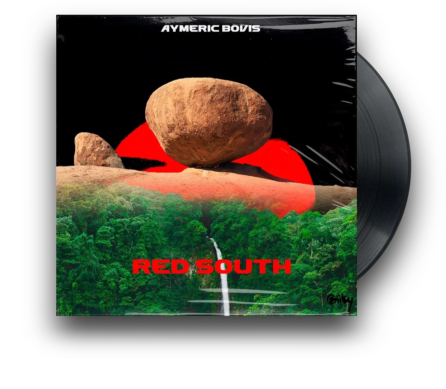 Couverture de disque avec des rochers, un soleil rouge en arrière-plan, une forêt verte avec une cascade, le titre 'Red South' en rouge, et le nom 'Aymeric Bovis' en haut.