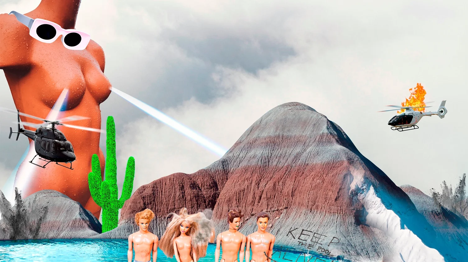 Une scène surréaliste comprenant une montagne, un cactus, un groupe de poupées nues debout dans l'eau, un ballon géant représentant un torse avec des lunettes de soleil, un hélicoptère volant avec un missile, un autre hélicoptère en flammes, et un laser tiré du torse du ballon.