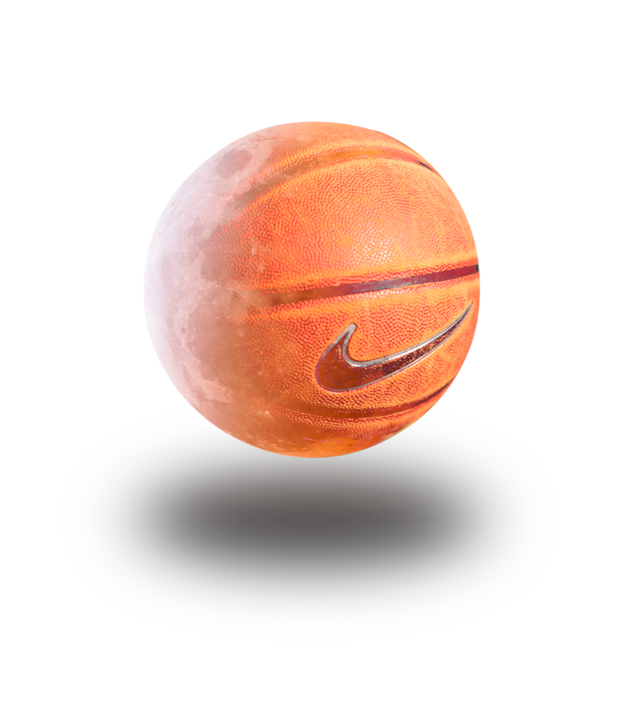 Une balle de basketball avec le logo Nike, semblant flotter dans l'espace avec la surface visible de la lune en arrière-plan.