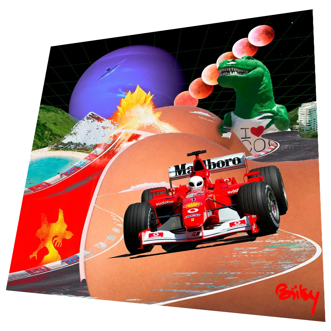 Collage coloré avec une voiture de course Ferrari, un dinosaurie vert, une montagne enneigée, une plage, un ciel étoilé avec une planète violette, une lune, un feu d'artifice, un arc-en-ciel, et un personnage jaune avec un chapeau. Signature en bas à droite 'Eirky'.