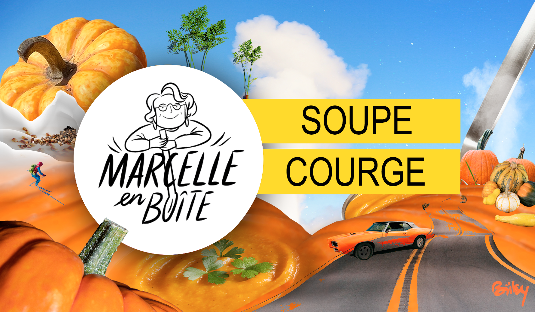 Une illustration colorée avec des citrouilles, un bol de soupe à la courge, un couteau, un ciel bleu avec des nuages, et un logo de Marcelle en boîte. Il y a aussi un texte en français "Soupe Courge".