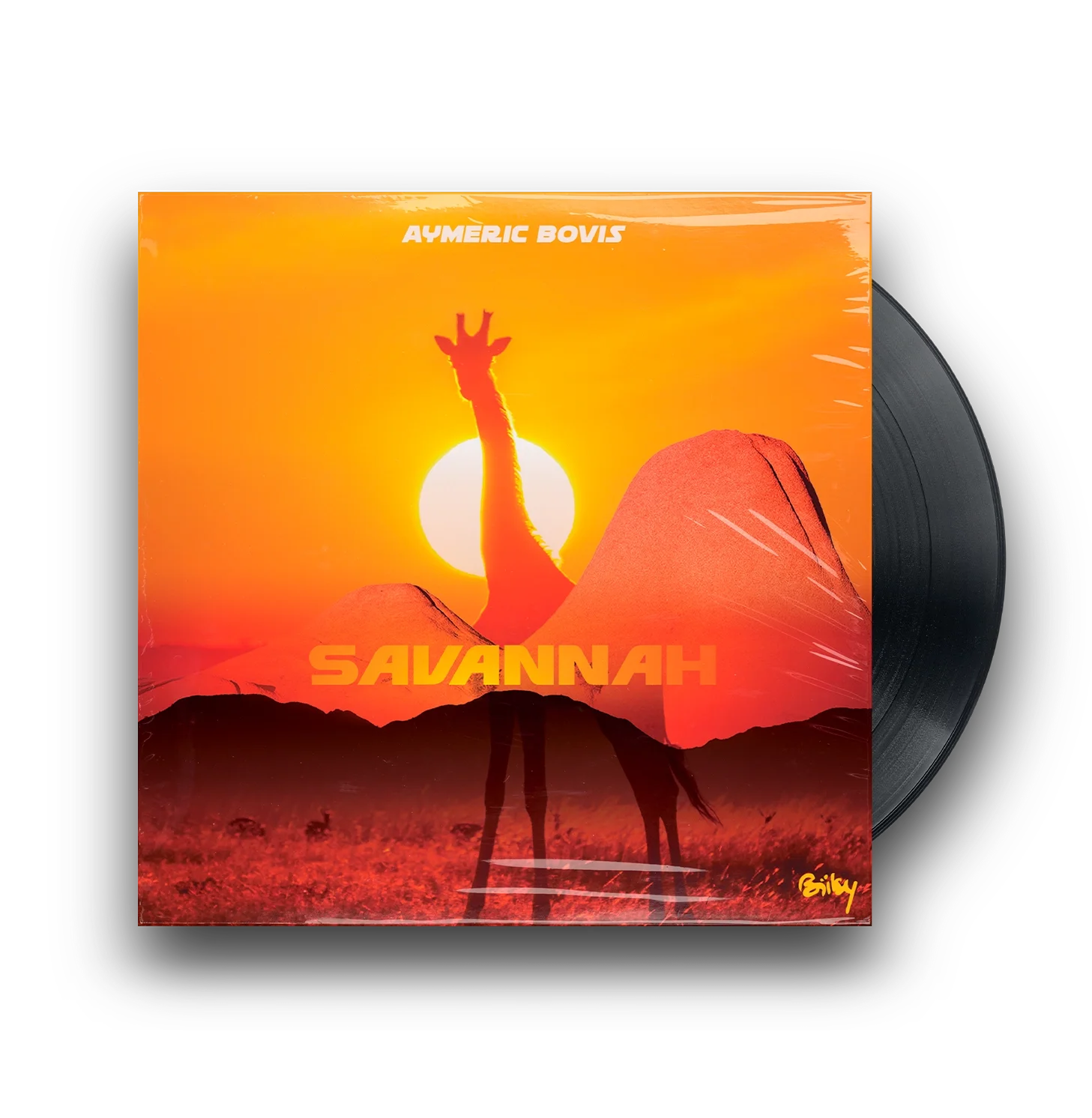 Une pochette de disque vinyle avec une illustration d'une girafe devant un coucher de soleil, avec des montagnes en arrière-plan et le texte 'SAVANNAH' en orange. La pochette porte aussi le nom 'AYMERIC BOVIS' en haut et le nom 'Emily' en bas à droite.