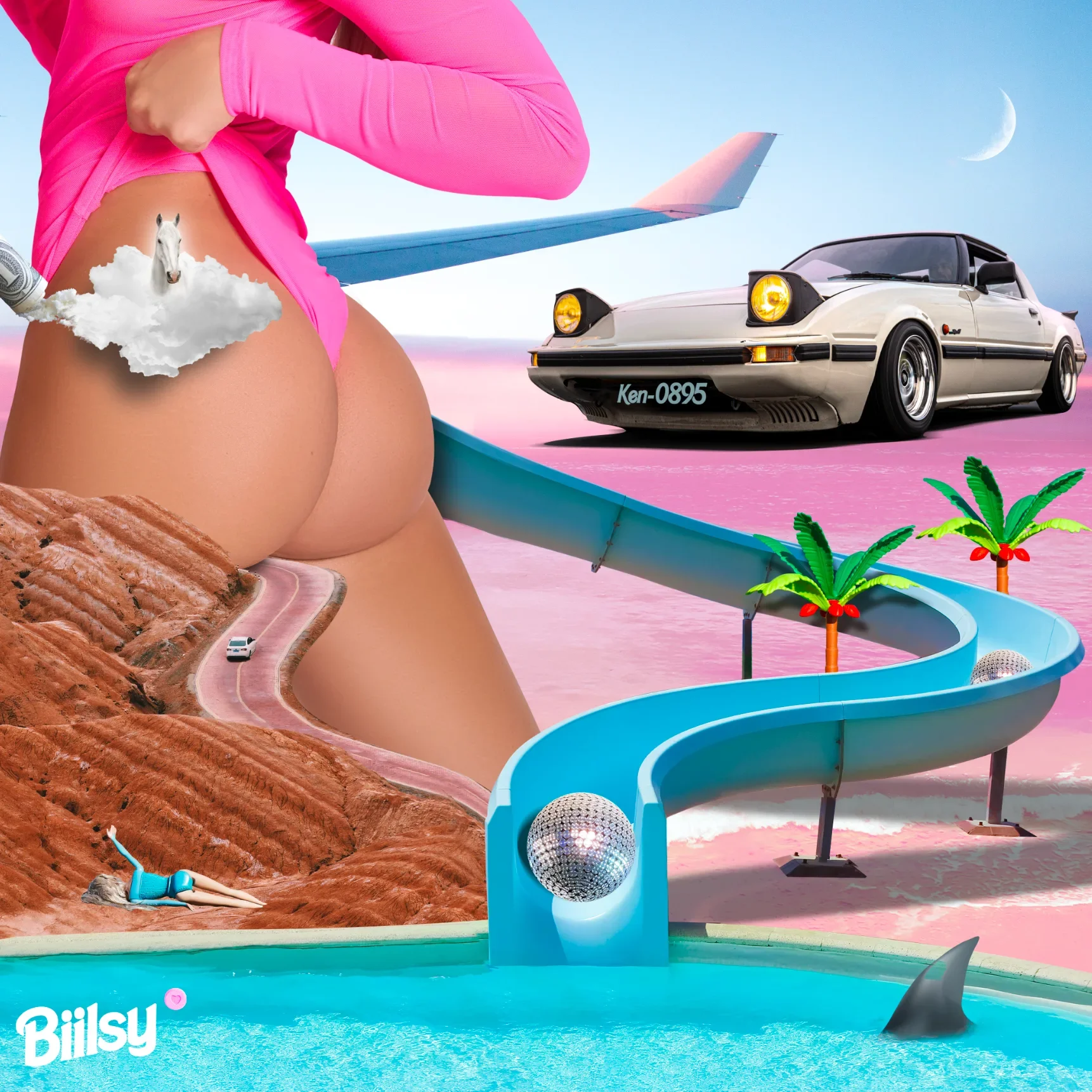 Une scène surréaliste avec un arrière-plan de ciel pastel, une voiture de sport blanche, un lac avec une chaise longue, une piscine avec une boule disco, deux palmiers, une route à travers des montagnes, et une personne portant un maillot de bain bleu allongée sur le sol. Un nuage avec un cheval blanc y est également visible.