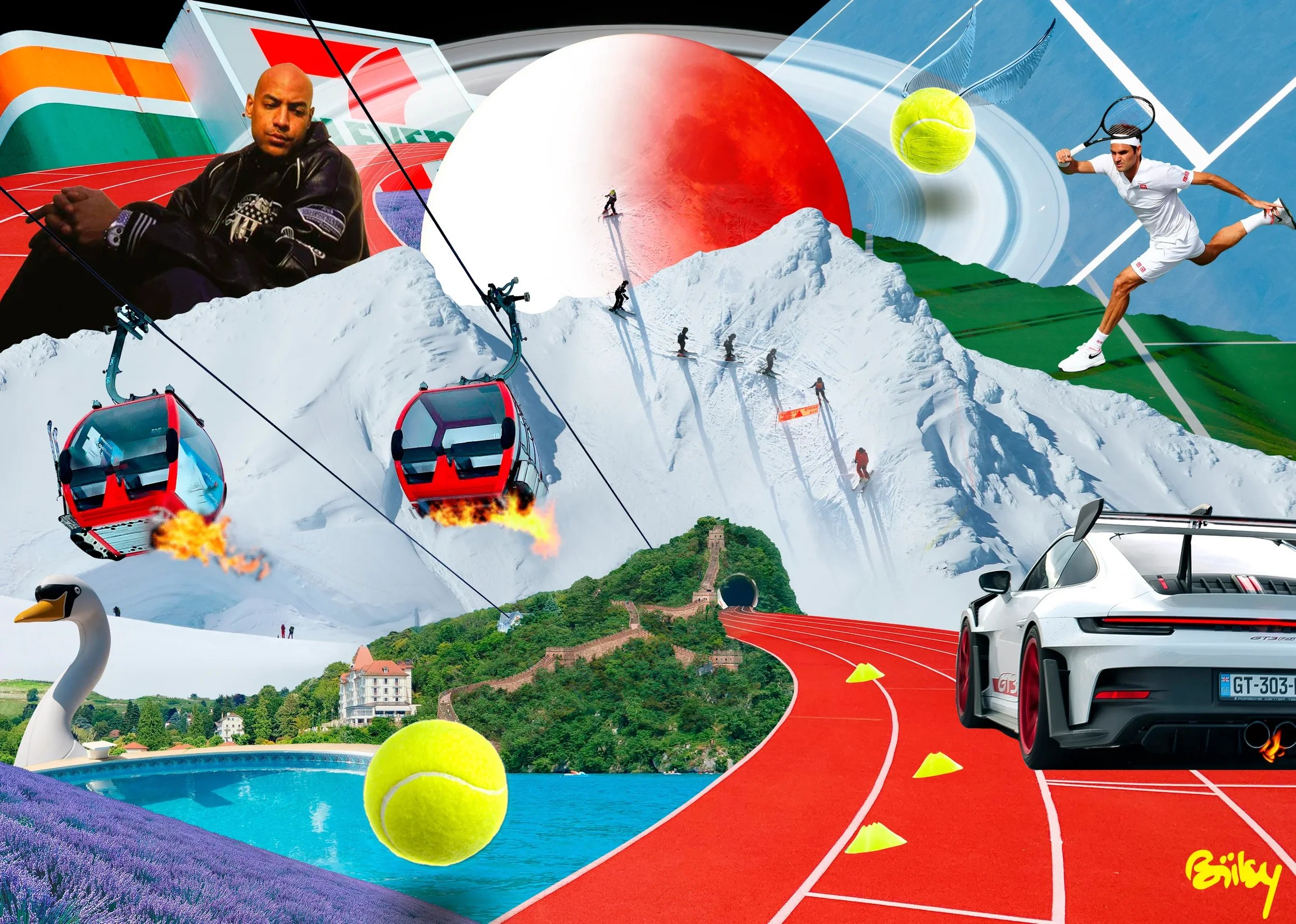 Collage coloré représentant des sports d'hiver, une montagne enneigée avec skieurs, une télécabine en feu, un tennis, une course automobile, un tennis de paddle, un lac avec cygne, et un paysage urbain, avec une grande balle de tennis en premier plan.