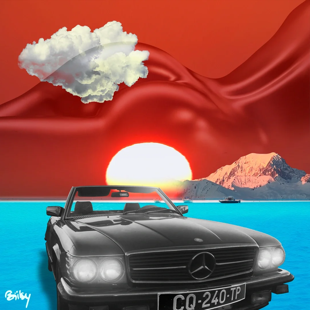 Une image numérique représentant une voiture Mercedes-Benz noire avec un paysage de coucher de soleil, des montagnes enneigées, un lac turquoise et un ciel rouge avec un nuage blanc flottant.