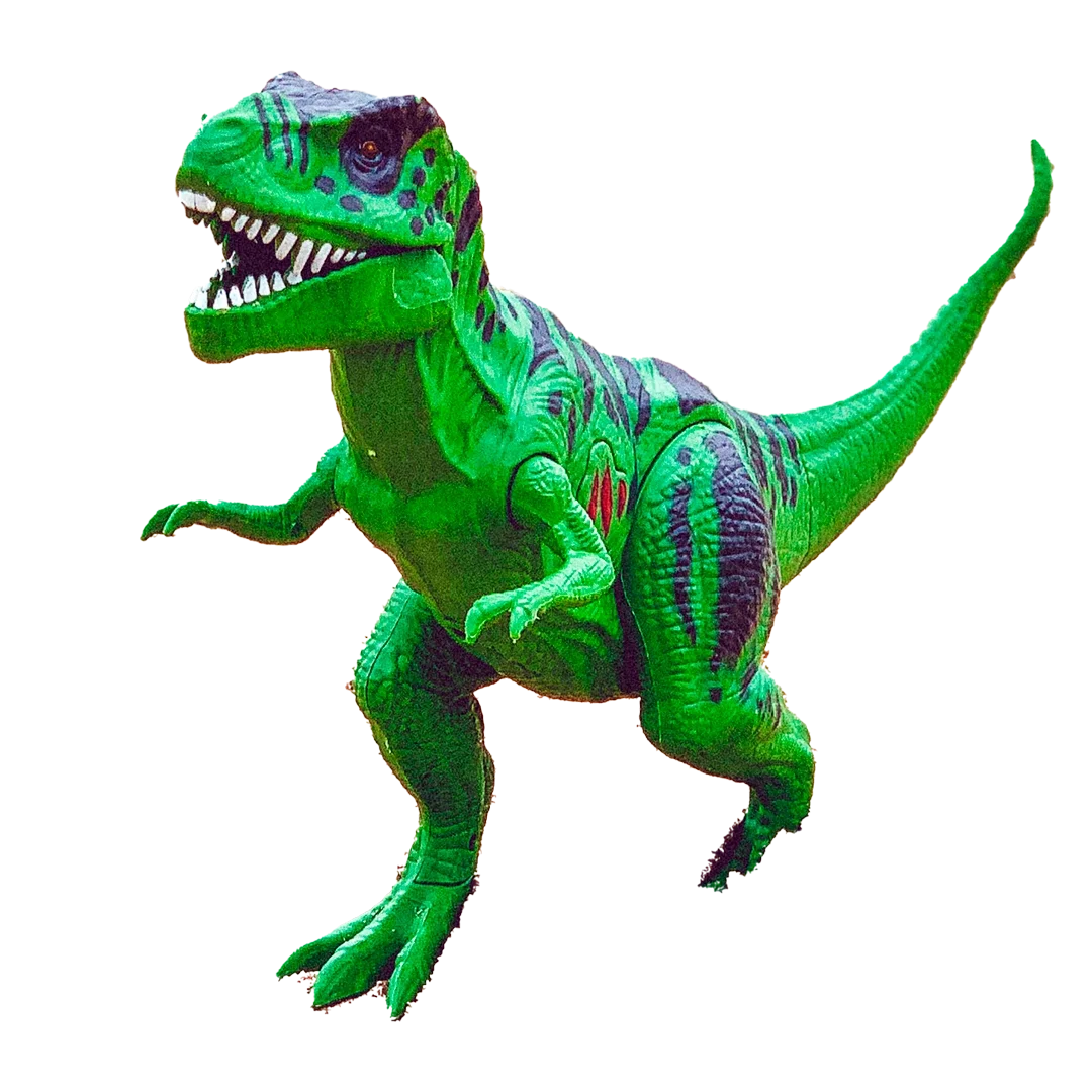 Dinosaure en costume vert avec des rayures noires et rouges, avec une grande tête, des dents pointues et une queue longue, posé sur ses pattes arrière.