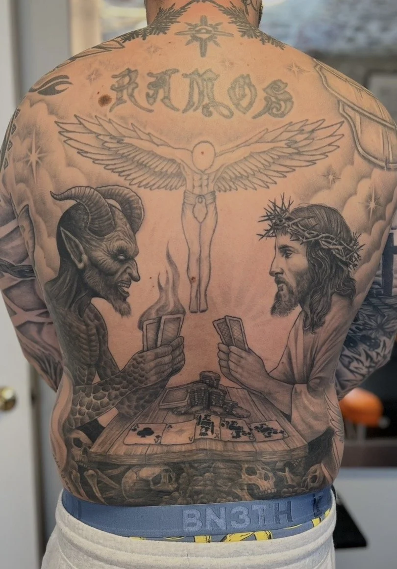 Backpiece tattoo poker game in between jesus and the devil