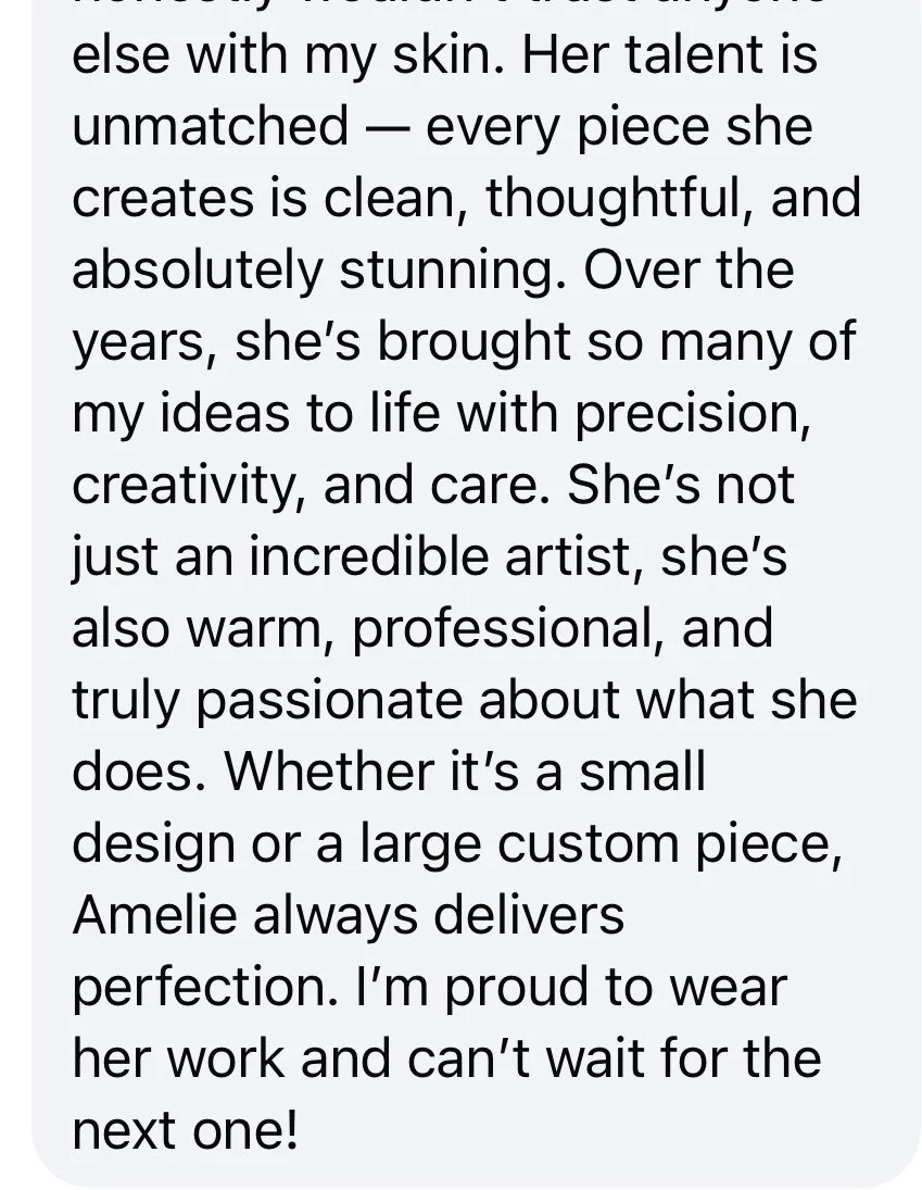 Text excerpt praising the talent and craftsmanship of a jewelry artist named Amelie, describing her attention to detail, creativity, care, professionalism, passion, and ability to deliver perfection in her custom pieces.