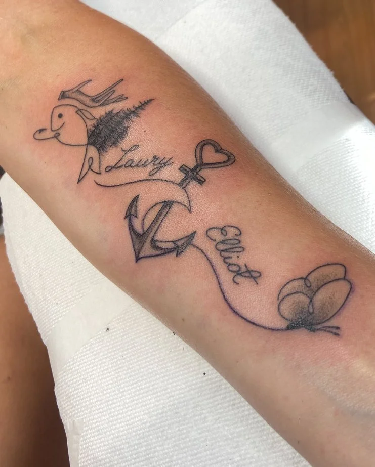 Line work tattoo on forearm