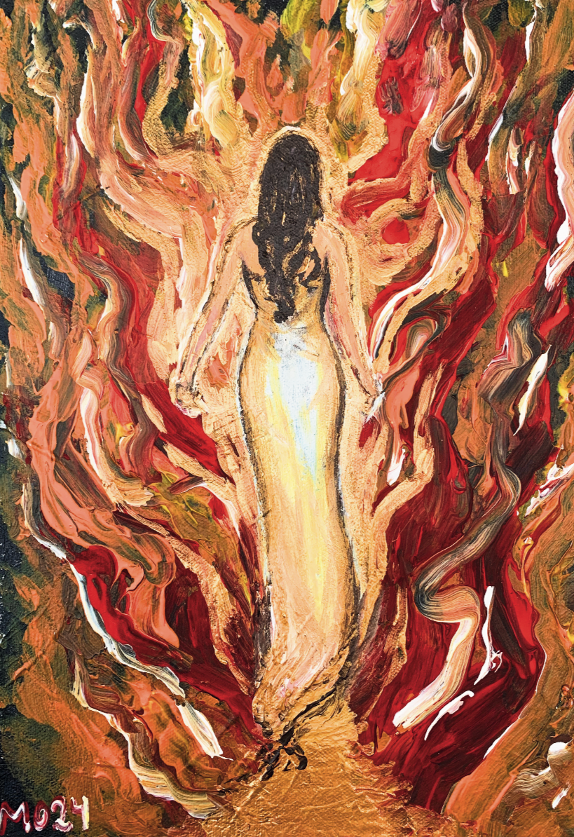 " Safe in the Fire "

This painting is inspired by the revelation I’ve learned from Jesus through my spiritual mother Apostle Kathryn Krick.
That when we are surrendered to God and keeping all doors closed to the enemy: the attacks we experience in o