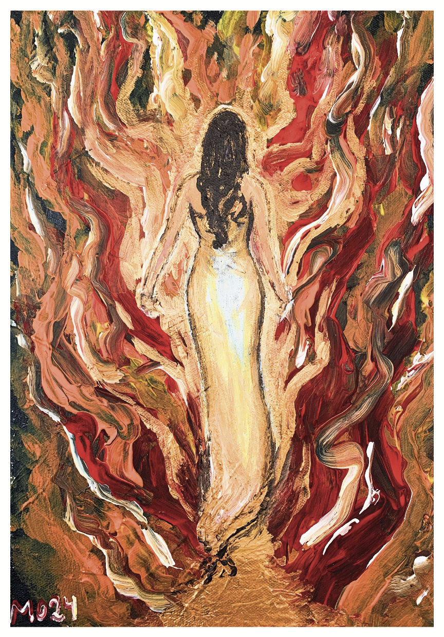 " Safe in the Fire "

This painting is inspired by the revelation I’ve learned from Jesus through my spiritual mother Apostle Kathryn Krick.
That when we are surrendered to God and keeping all doors closed to the enemy: the attacks we experience in o