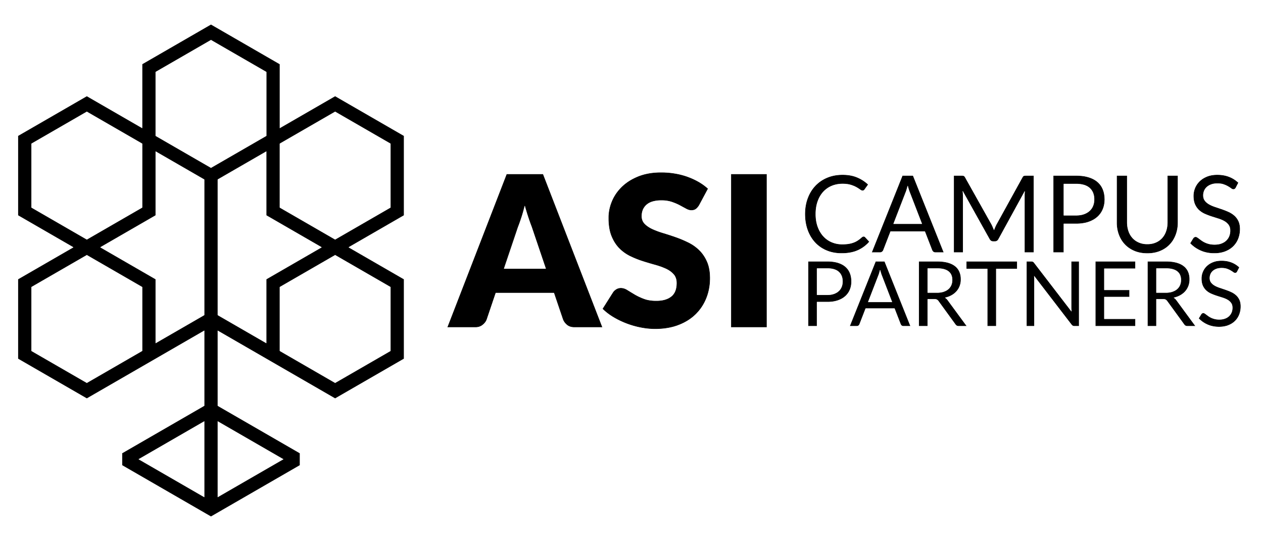 Black logo with hexagon shapes and text reading "ASI CAMPUS PARTNERS".