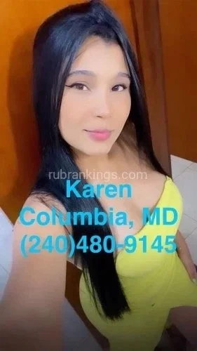 A woman with long dark hair wearing a yellow top and smiling at the camera. Text overlay includes the name Karen Columbia, MD, and a phone number (240) 480-9145.