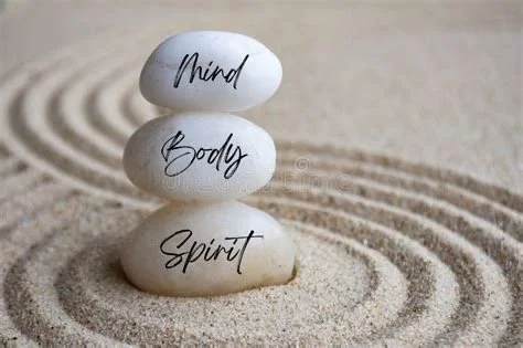 Three white stones stacked vertically with the words "Mind," "Body," and "Spirit" written on them, placed on sand with concentric circle patterns.