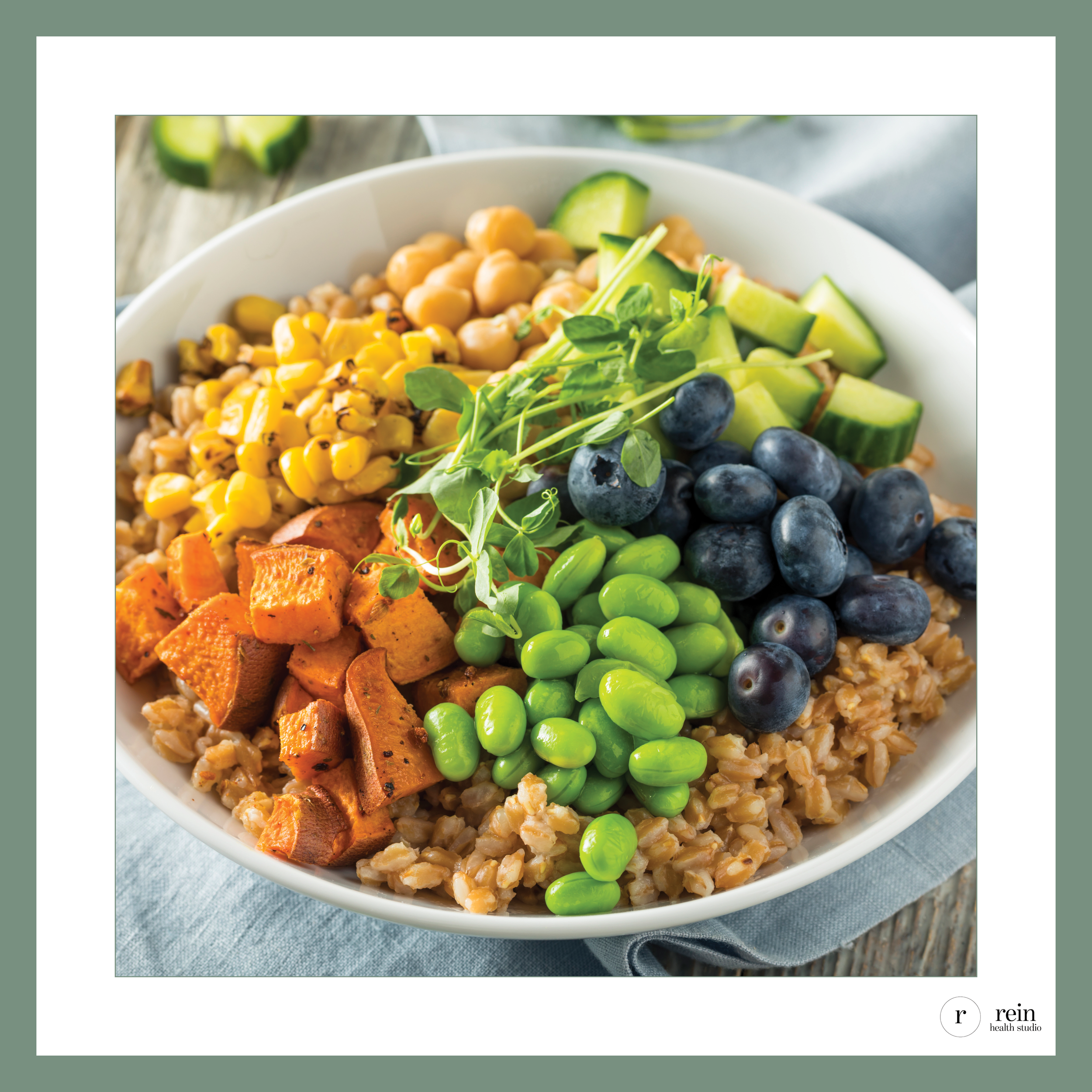 Rainbow Nourish Bowl w/ Farro, Veggies + Blueberries