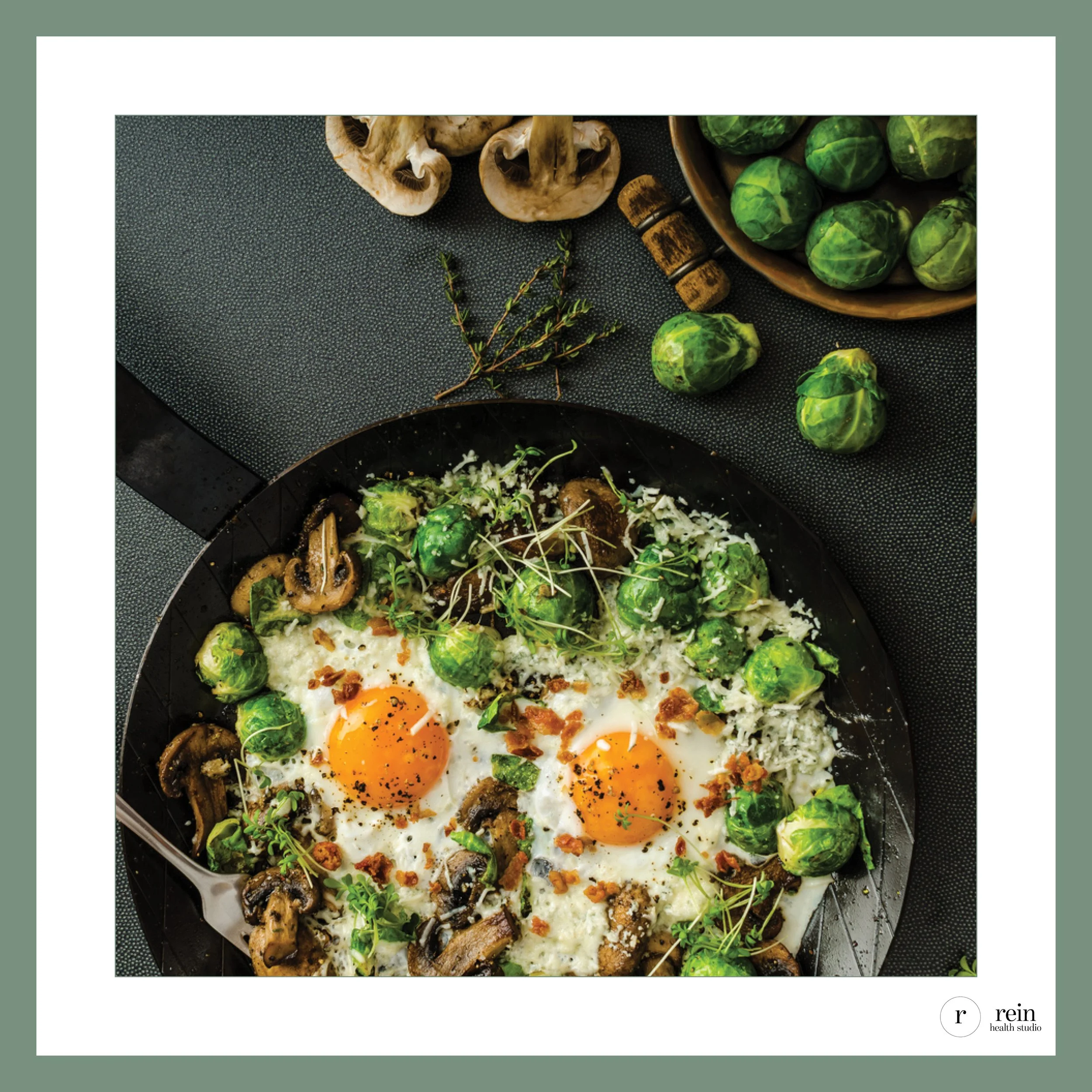Skillet Eggs w/ Sautéed Mushrooms, Brussels Sprouts + Parmesan