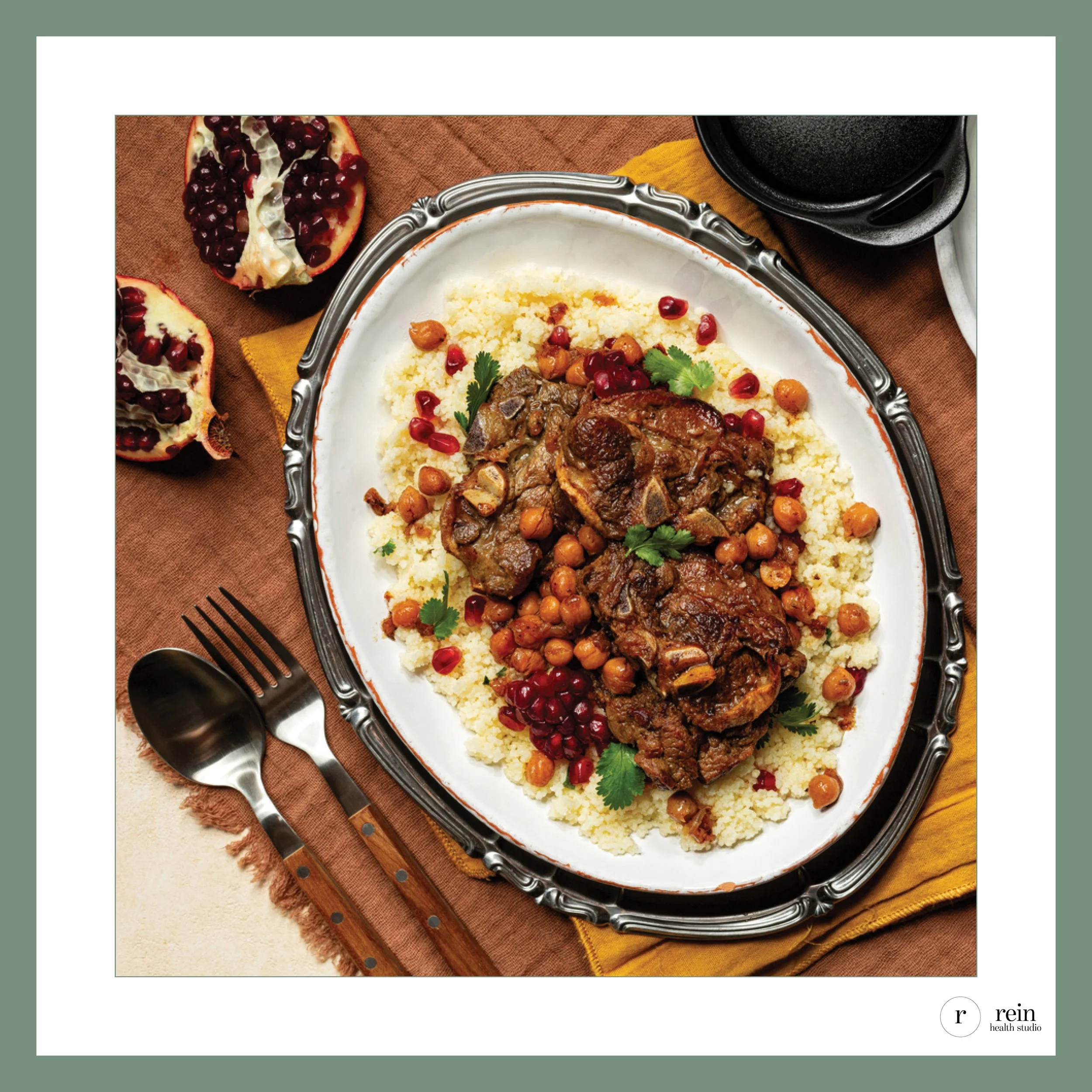 Moroccan Style Lamb + Chickpea Stew w/ Pomegranate-Coriander Couscuos