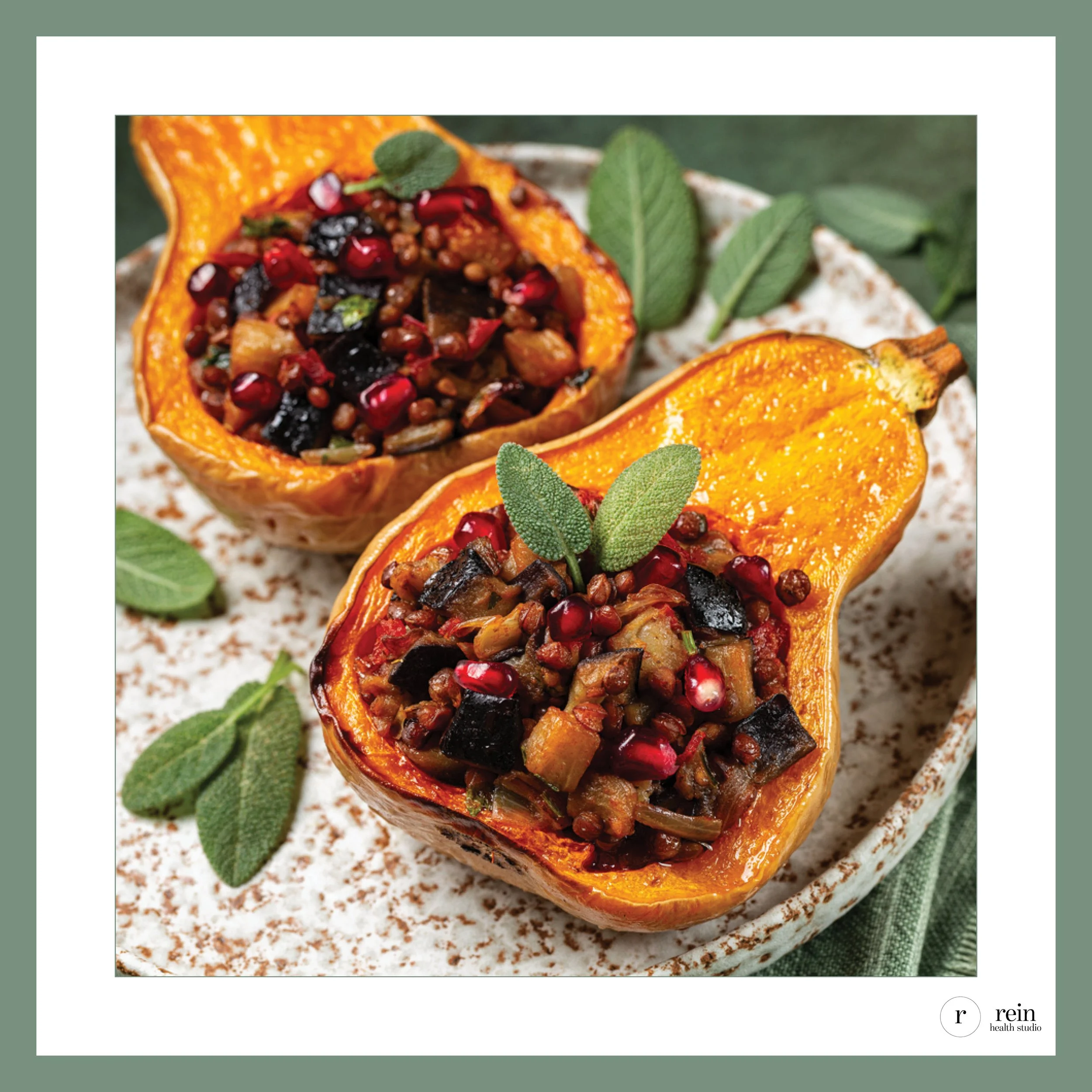 Roasted Stuffed Butternut Squash w/ Lentils, Eggplant + Pomegranate