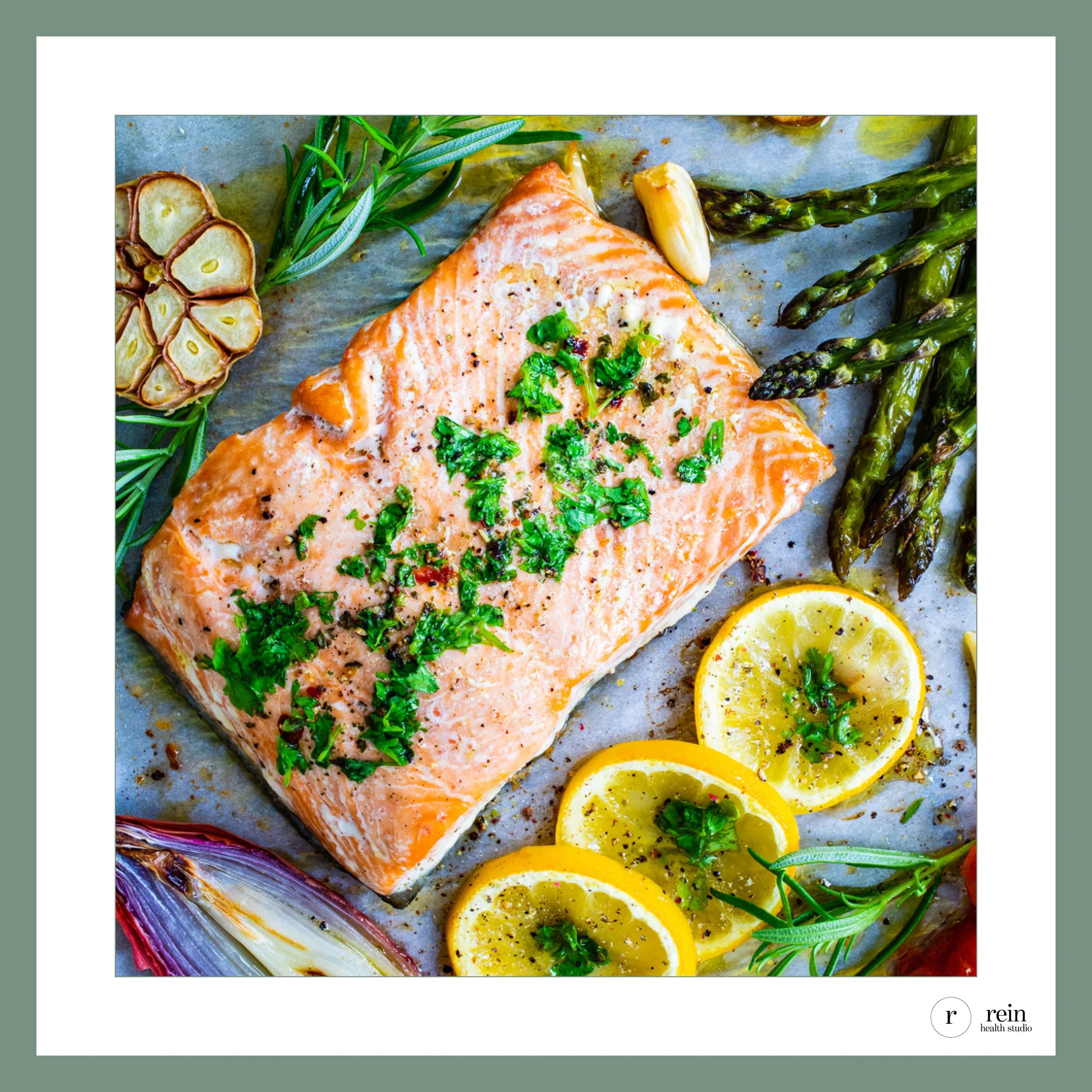 Herb-Crusted Salmon w/ Roasted Asparagus + Cherry Tomatoes