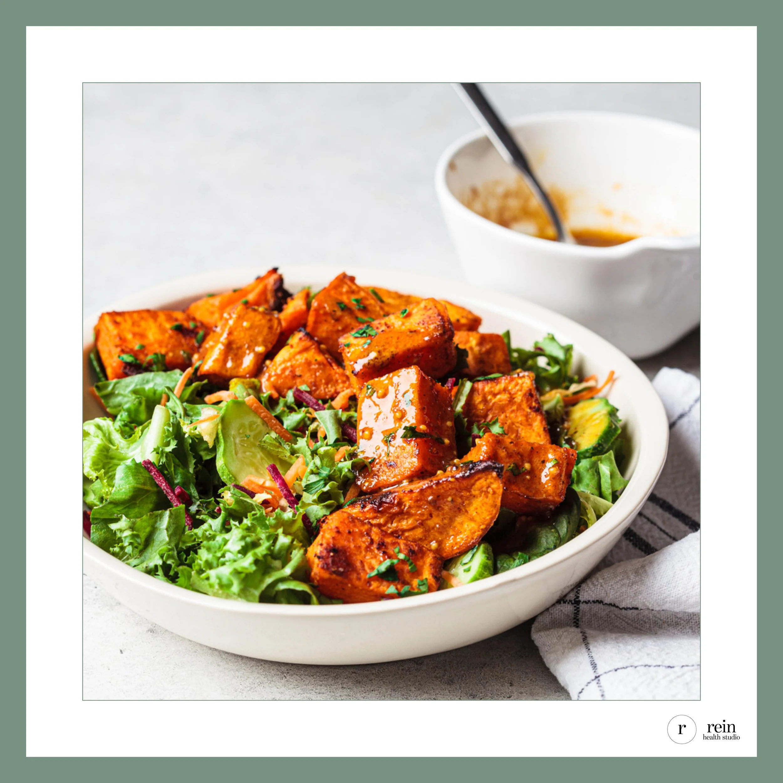 Roasted Sweet Potato + Greens Salad w/ Ginger Miso Dressing