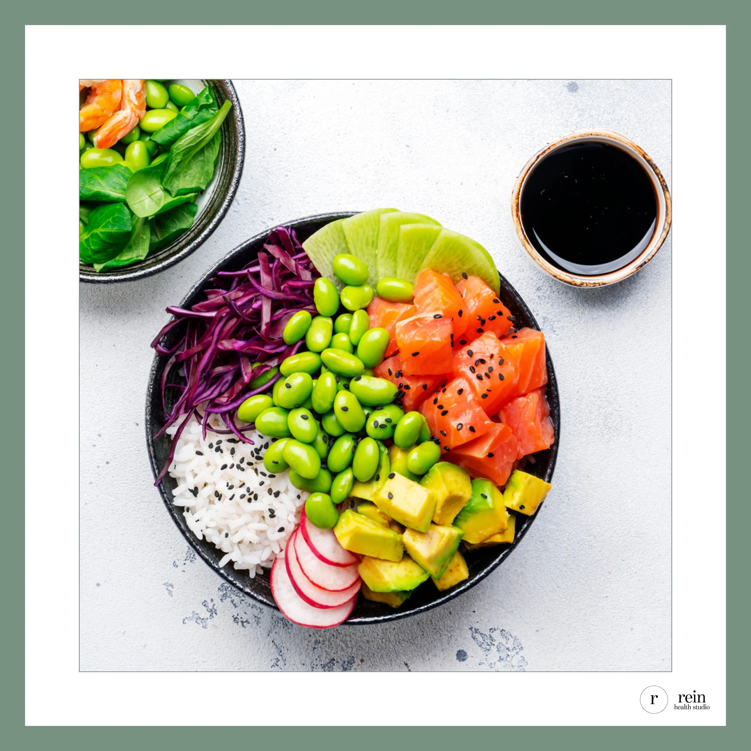 Salmon Poke Bowl with Avocado, Edamame + Red Cabbage