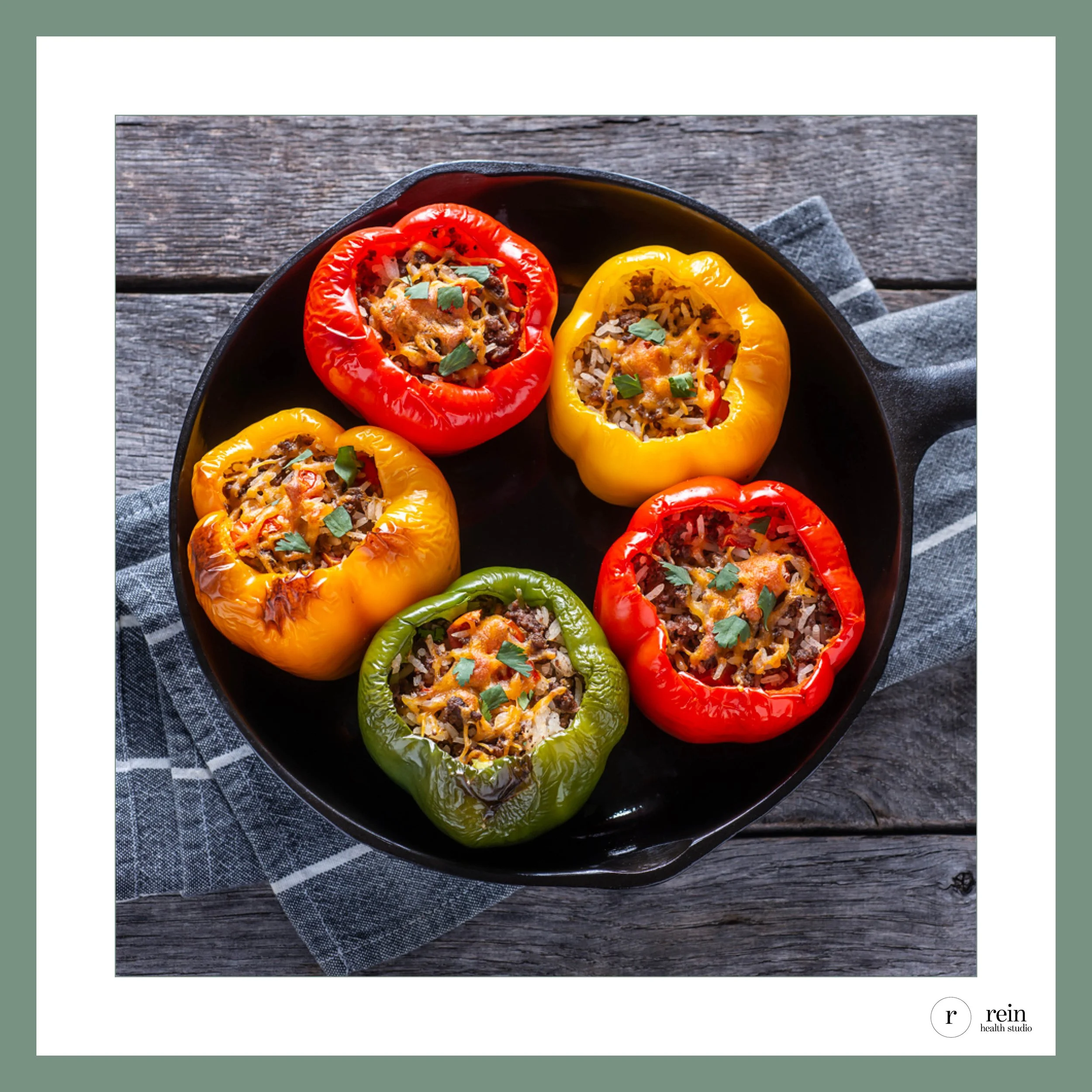 Stuffed Bell Peppers w/ Ground Beef, Quinoa, Black Beans, Roasted Corn + Smoked Paprika