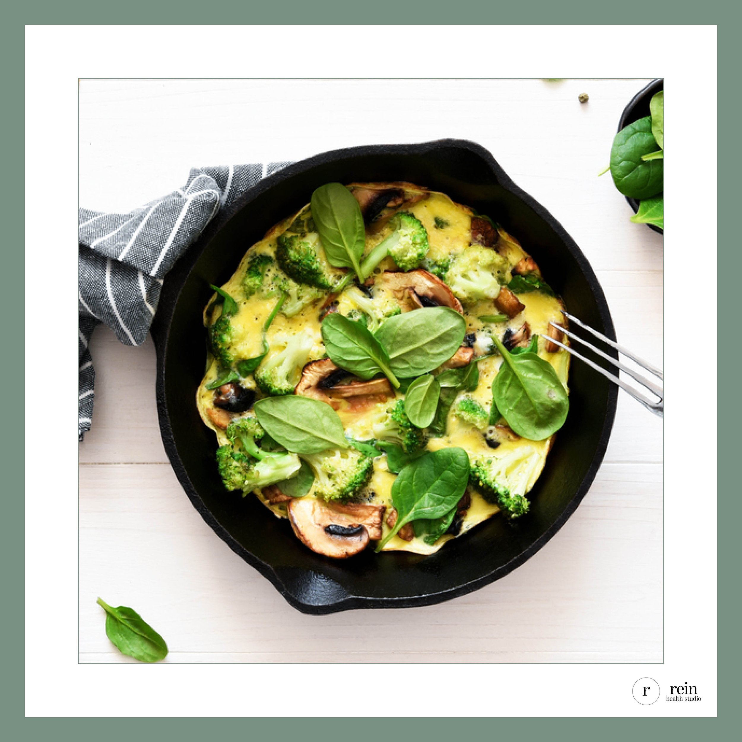 Eggs w/ Sautéed Mushrooms, Broccoli + Spinach w/ Everything Bagel Seasoning