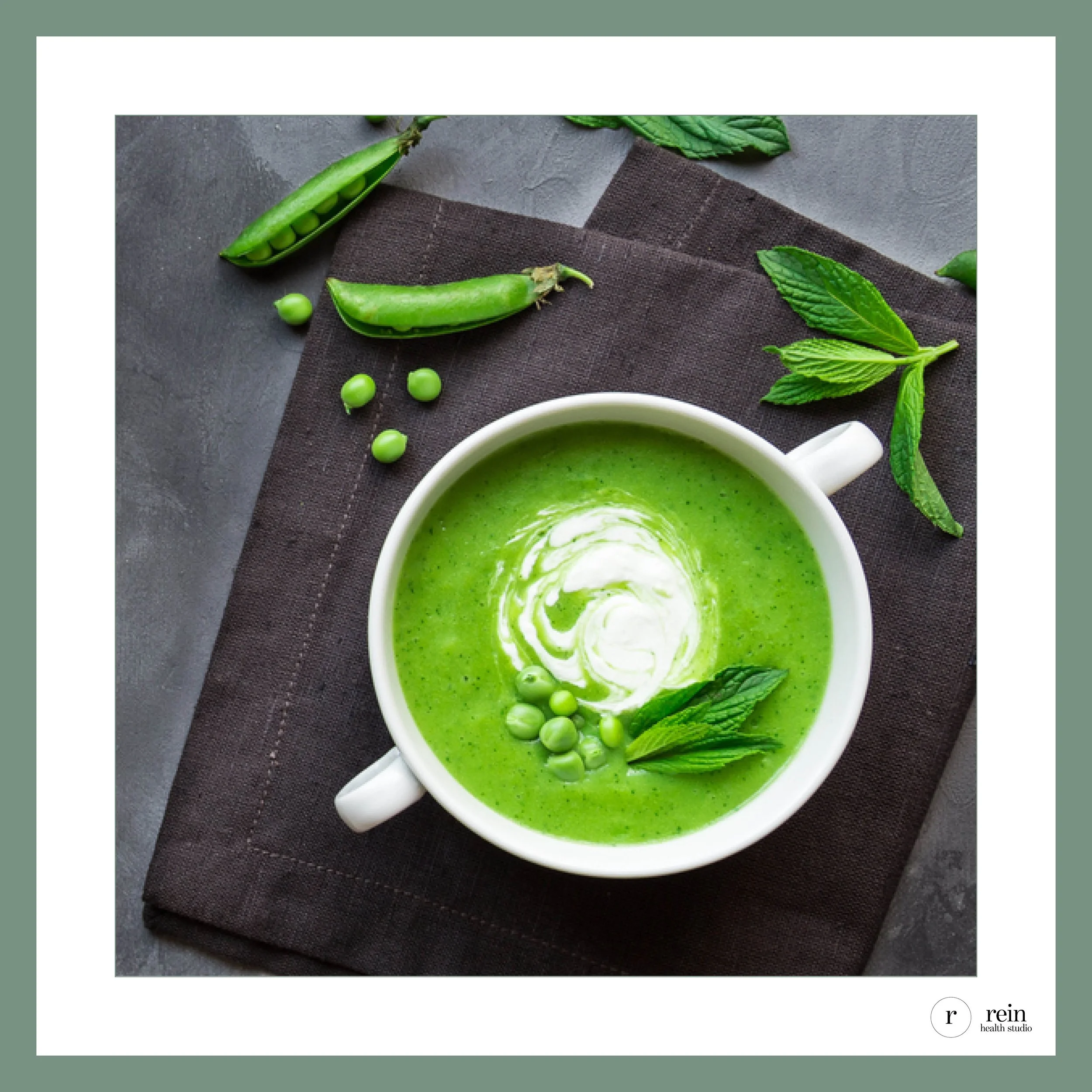 Spring Pea + Fresh Mint Soup w/ Coconut Cream