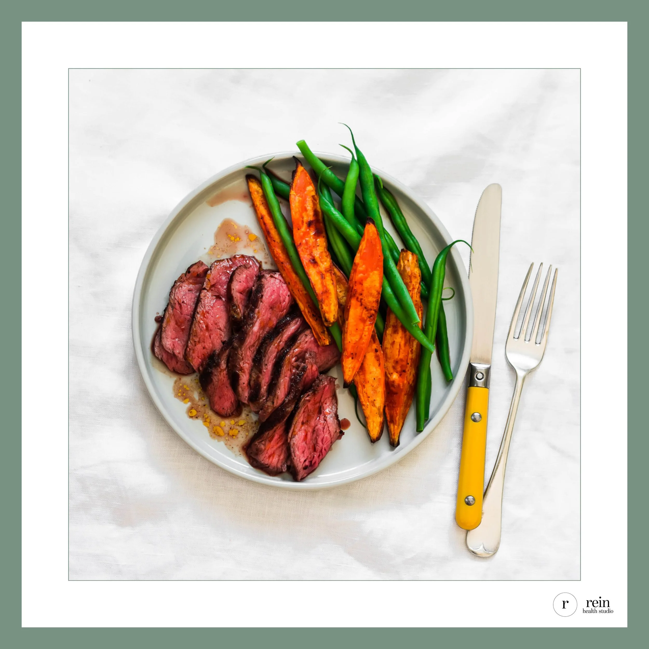 Seared Grass-Fed Steak w/ Roasted Sweet Potato + Green Beans