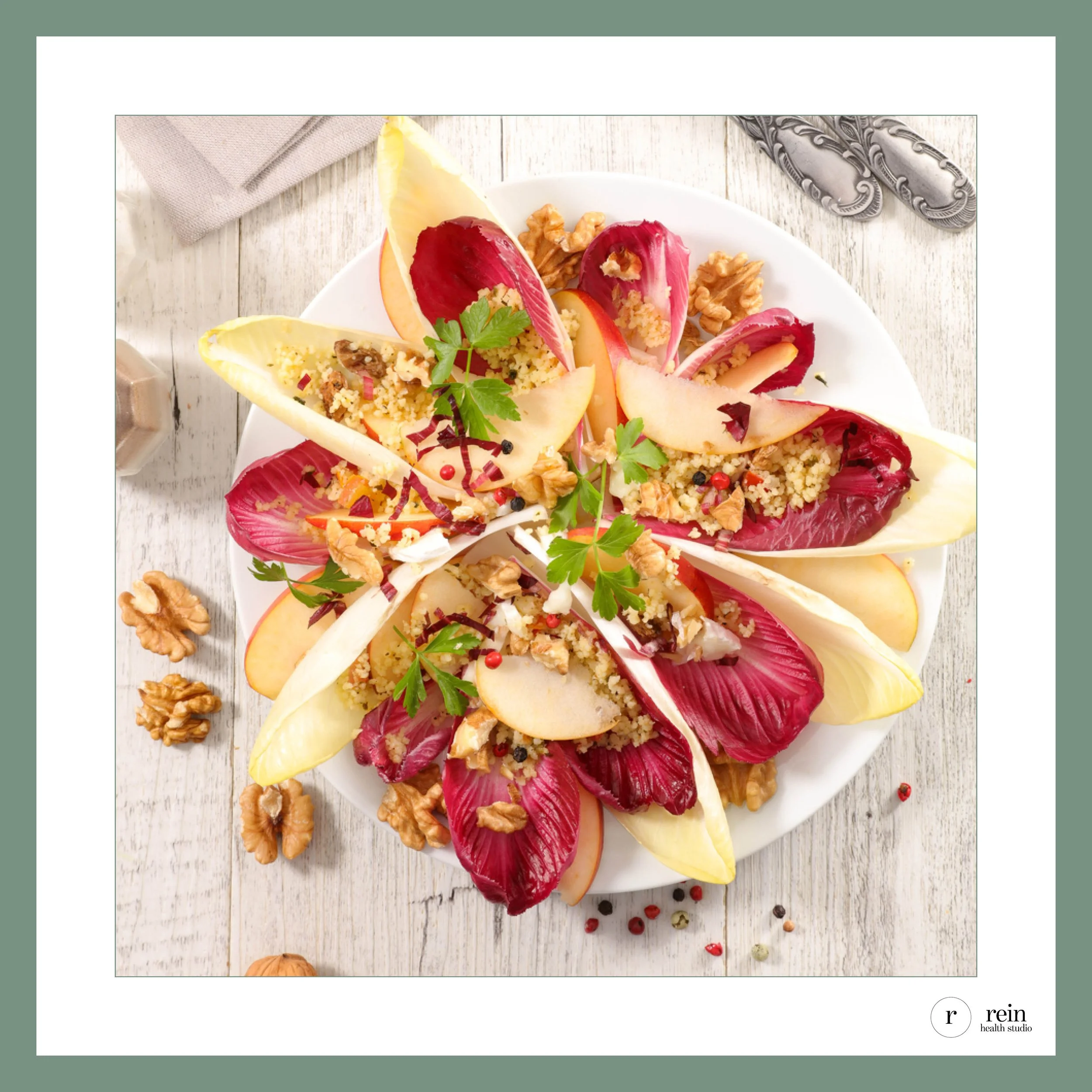 Endive, Radicchio + Walnut Salad w/ Apple, Couscous + Live Cultured Dressing