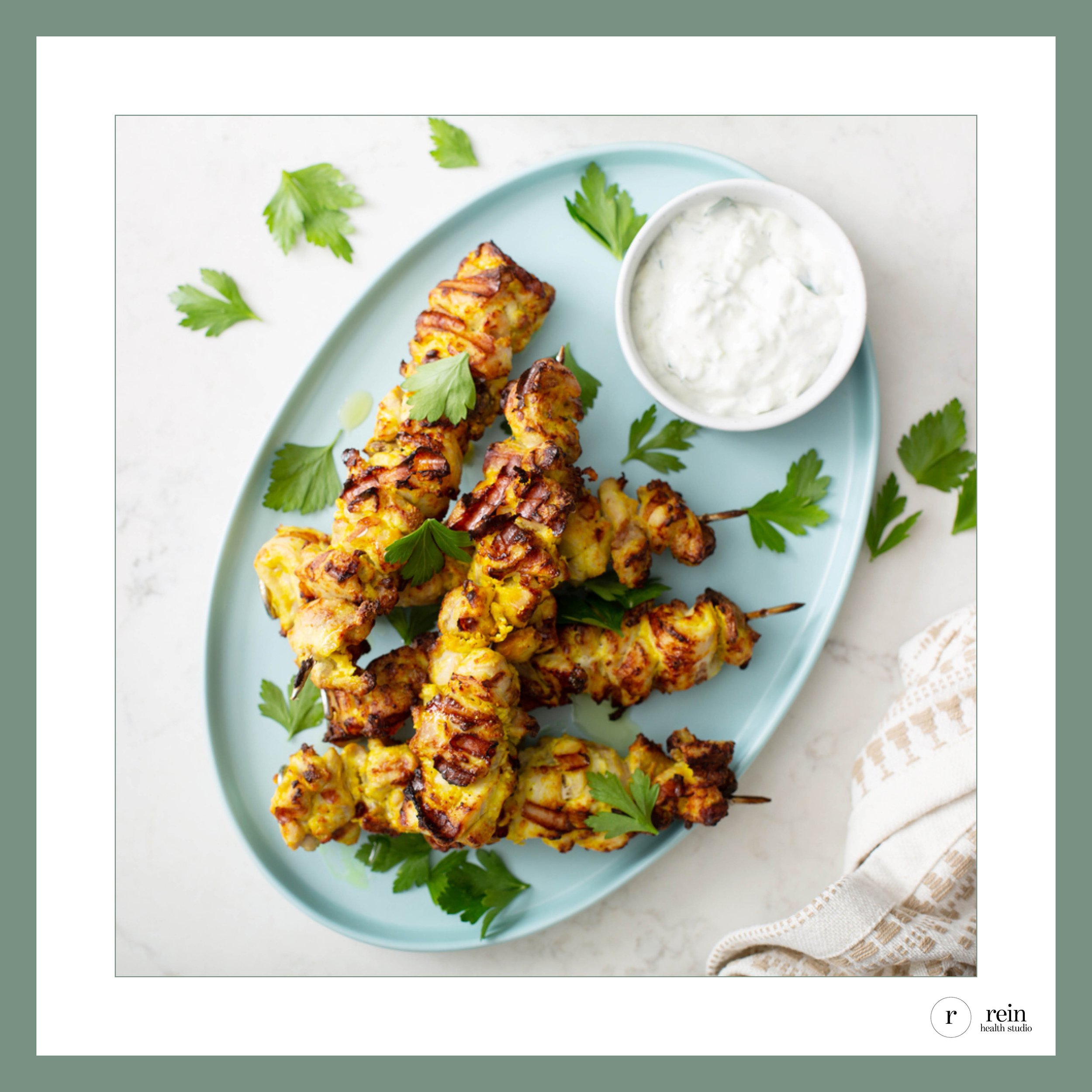 Turmeric Yogurt Chicken Skewers w/ Fresh Herb Tzatziki