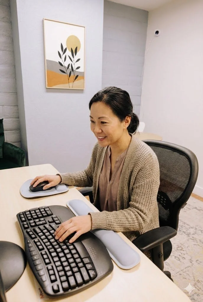 A woman sitting at a desk, using a computer mouse with her right hand and a keyboard with her left hand, in a modern office setting with a framed artwork on the wall.