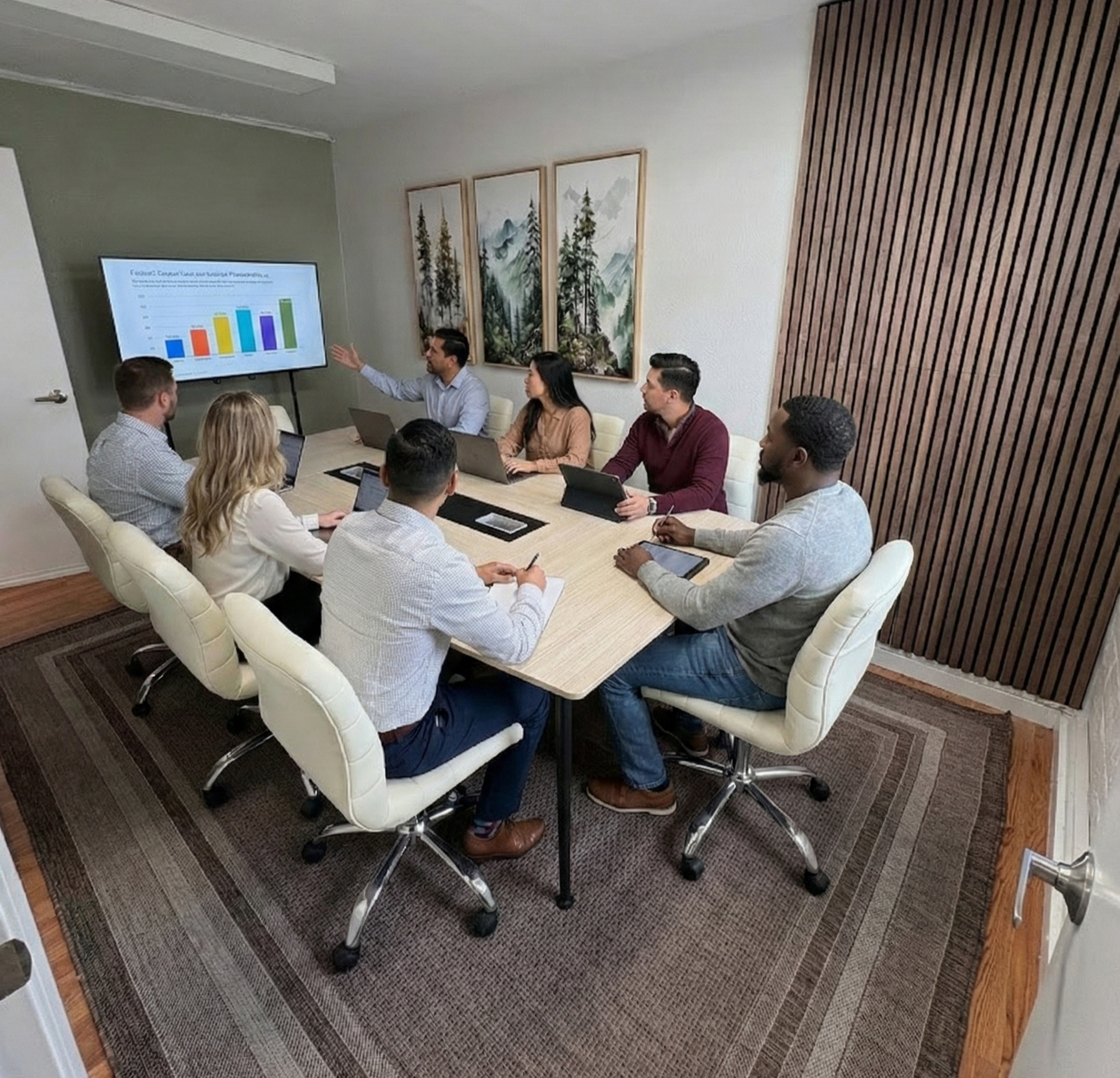 A business meeting with seven people around a rectangular table, one person giving a presentation with a bar graph on a screen, others taking notes or using laptops and tablets, in a well-lit conference room with wall art and wood paneling.