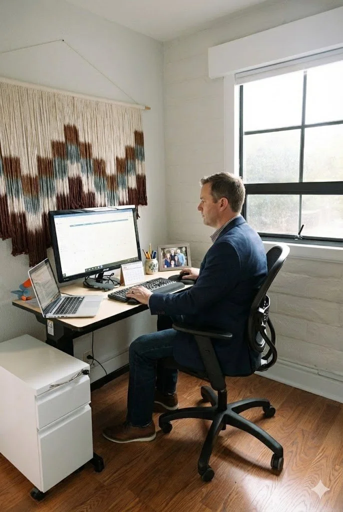 A man working at a desk in a home office with a computer monitor, a laptop, a framed photo, and a wall hanging, near a window with blinds.