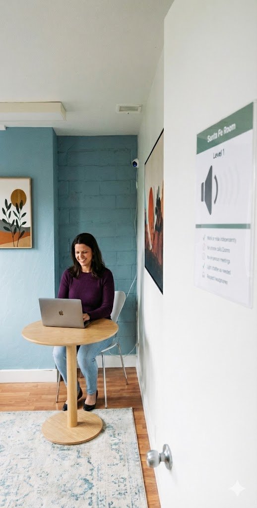 Woman sitting at a small round wooden table with a laptop, smiling in a modern, colorful room with wall art, a blue accent wall, and a sign on the door.
