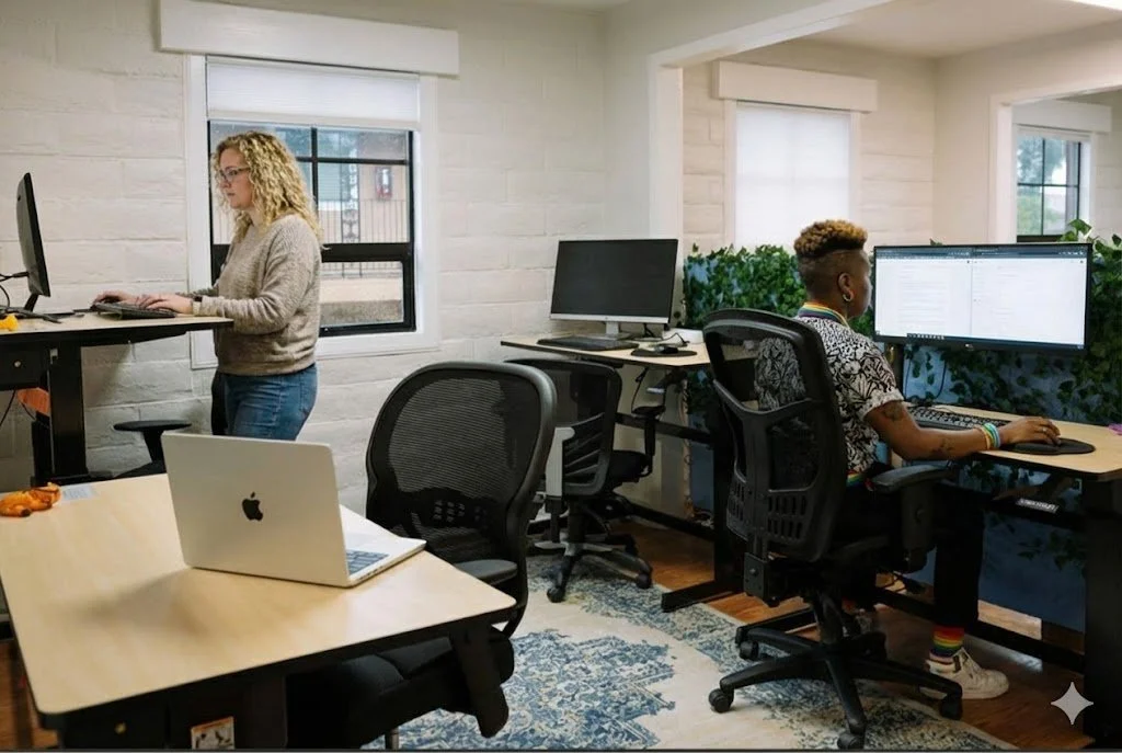 Two people working at desks in a bright office with computers, a laptop on a table, and green plants.