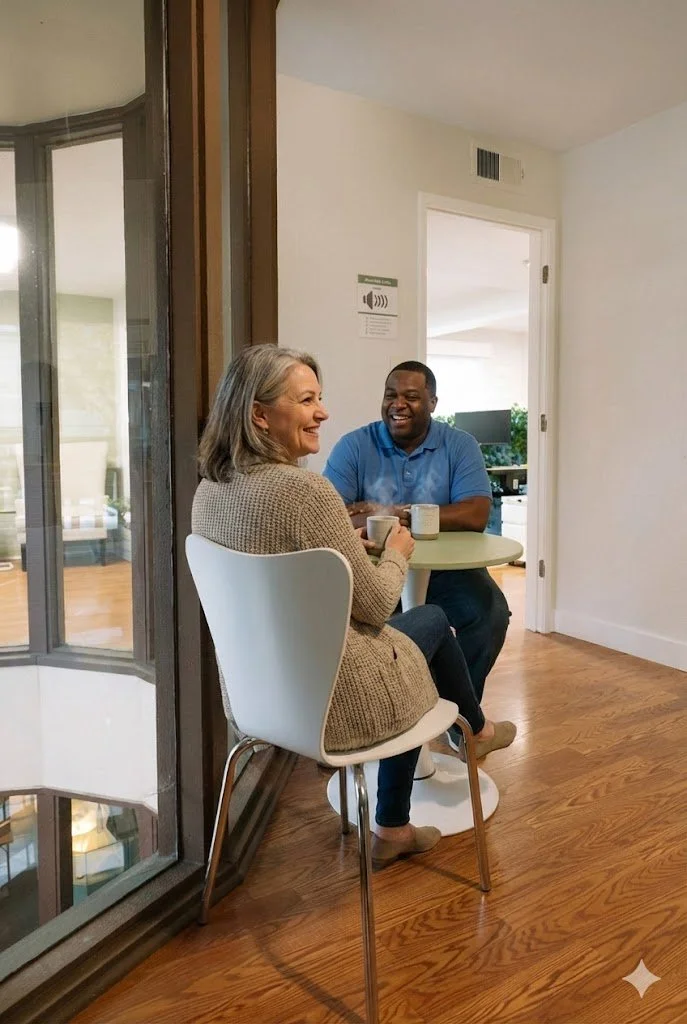 A woman and a man sitting at a small round table with coffee mugs, smiling and enjoying a conversation in a bright, cozy room with wooden flooring and a large window.