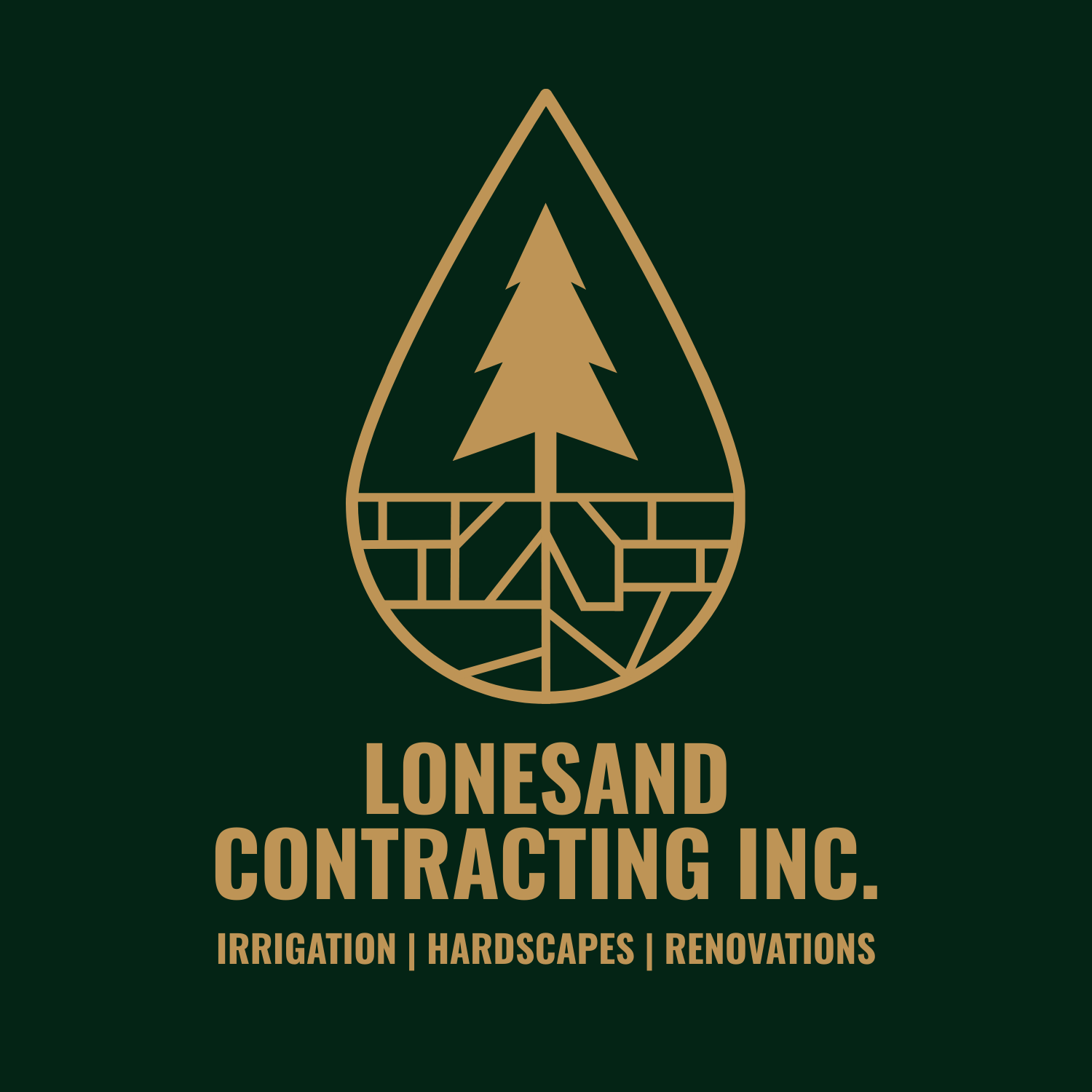 Lonesand Contracting Inc. logo featuring a spruce tree, and a root system patterned in a similar fashion to a patio with a droplet shape that has the company's name and services: irrigation, hardscapes, renovations.