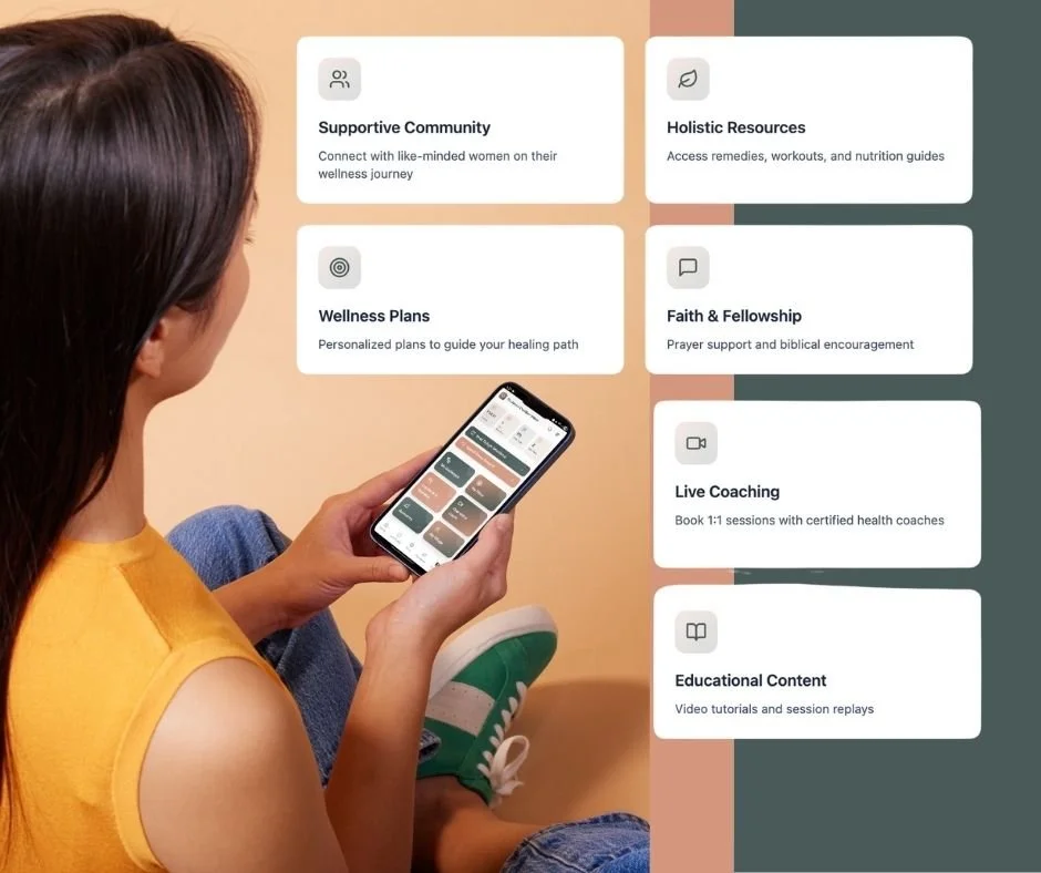 A woman in a yellow shirt and blue jeans sitting with her legs crossed, holding a smartphone and looking at an app with wellness and community resources displayed on her screen.