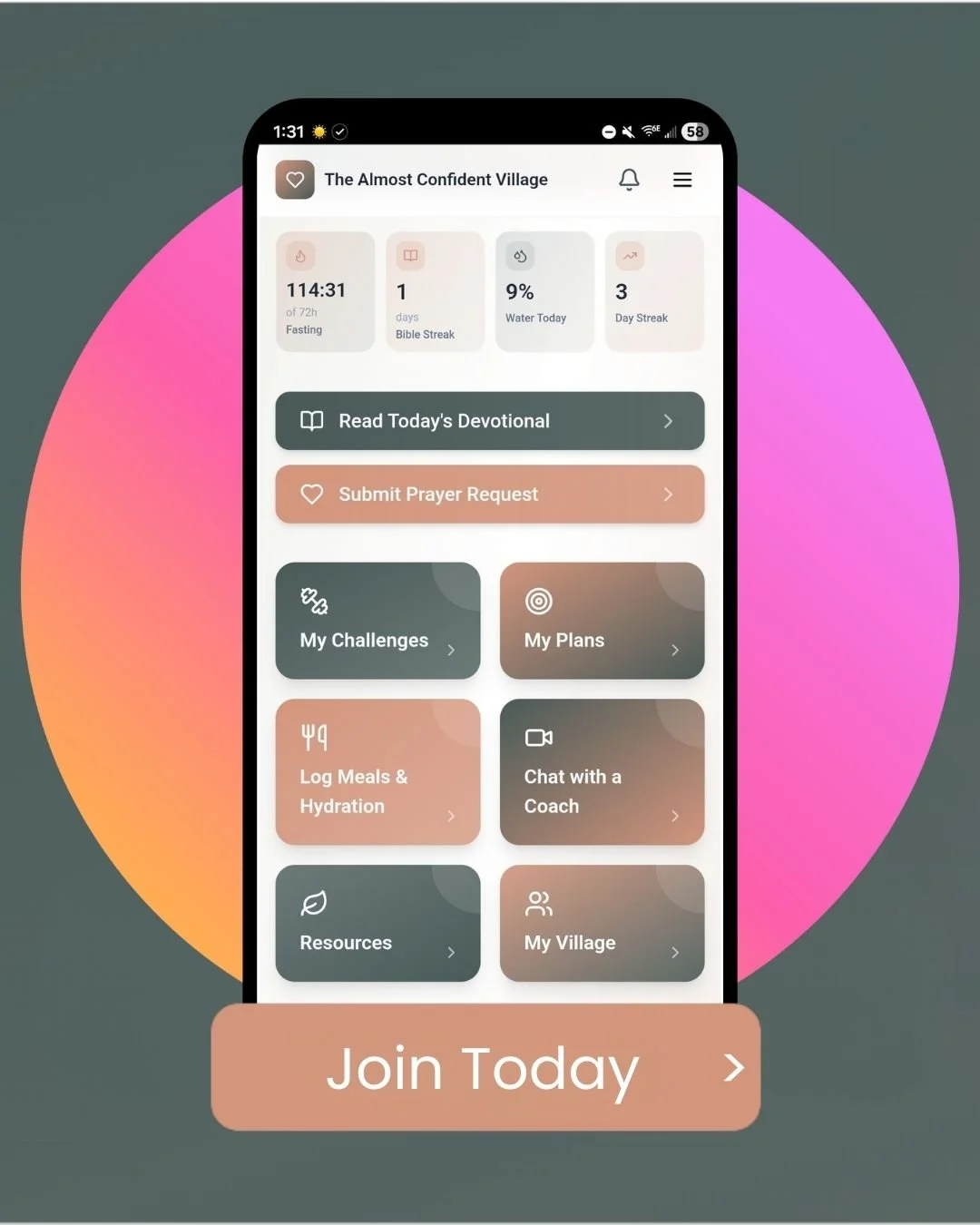 A mobile app interface called "The Almost Confident Village" showing daily motivational and spiritual tasks, including fasting, Bible reading, water intake, and prayer requests, with a banner at the bottom urging users to join today.