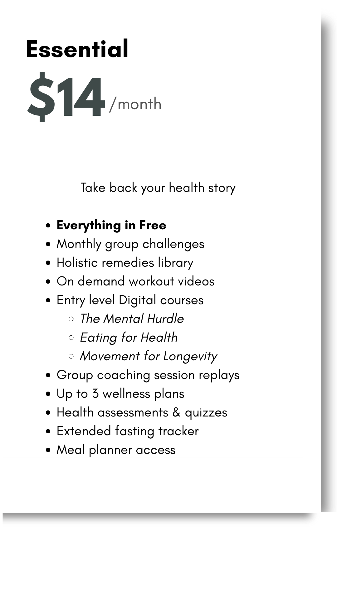 A black mobile device screen displays a plan offering a service for $14 per month with a detailed description of the plan's features.