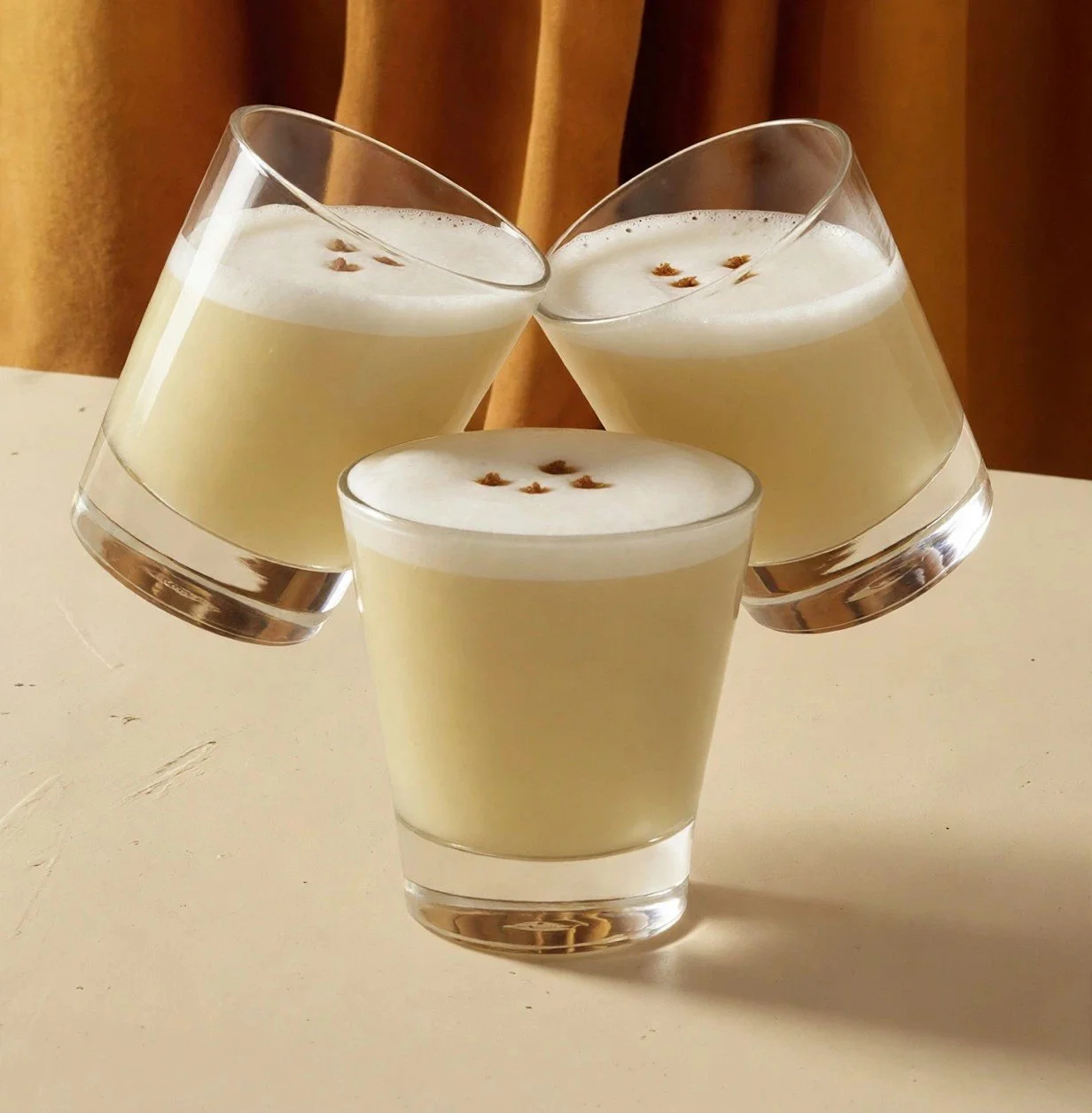 Three glasses of frothy pisco sour topped with bitters
