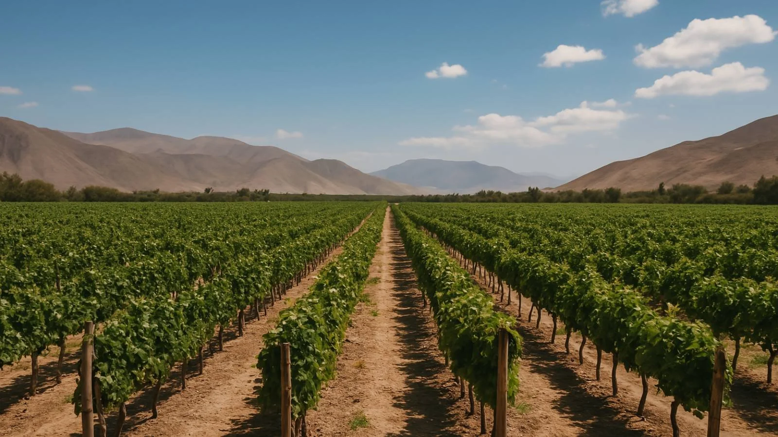 Rows of green grapevines in a desert valley ringed by dry mountains