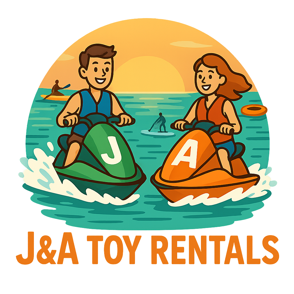 Two people riding jet skis labeled 'J' and 'A' on a body of water during sunset, with other water sports in the background, and the text 'J&A Toy Rentals' at the bottom.