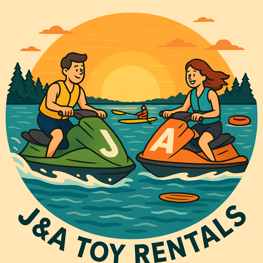 Illustration of a man and woman riding jet skis on a lake during sunset, with a small boat in the background, and the text "J&A Toy Rentals" at the bottom.