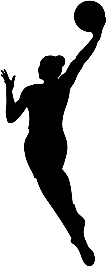 Silhouette of a woman holding a basketball up with one hand, the other hand raised.