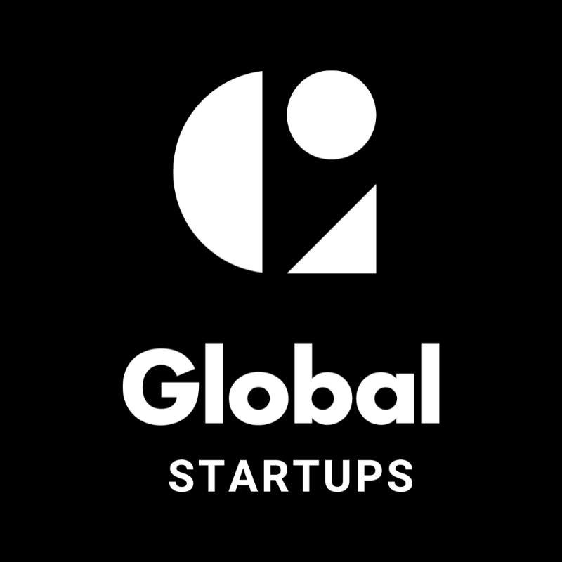 Black background with a white geometric logo above the text 'Global STARTUPS' in bold font.